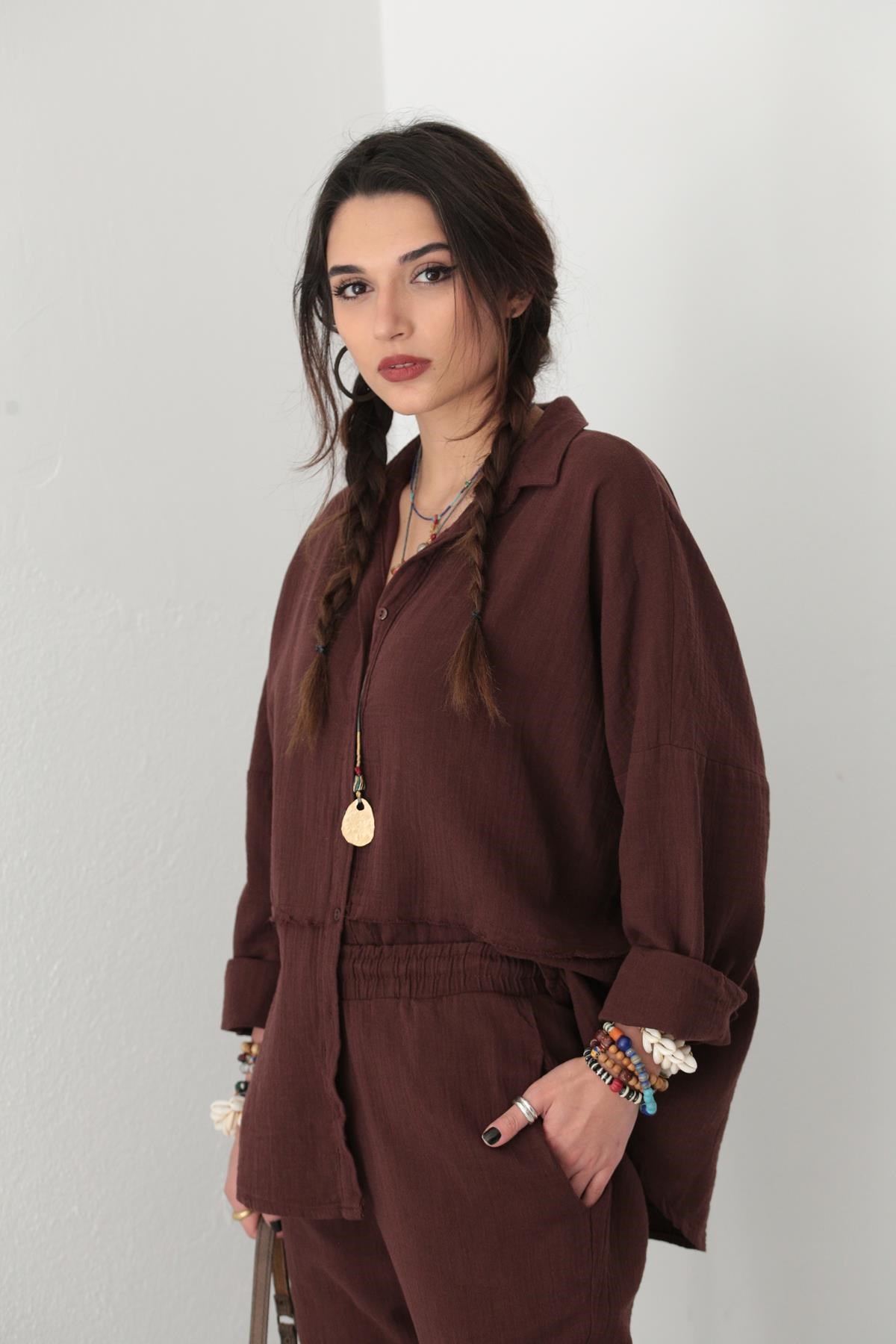 Dark Brown Shirt and Trousers Pair - Saman Butik | Shop Online Dark Brown Shirt and Trousers Pair