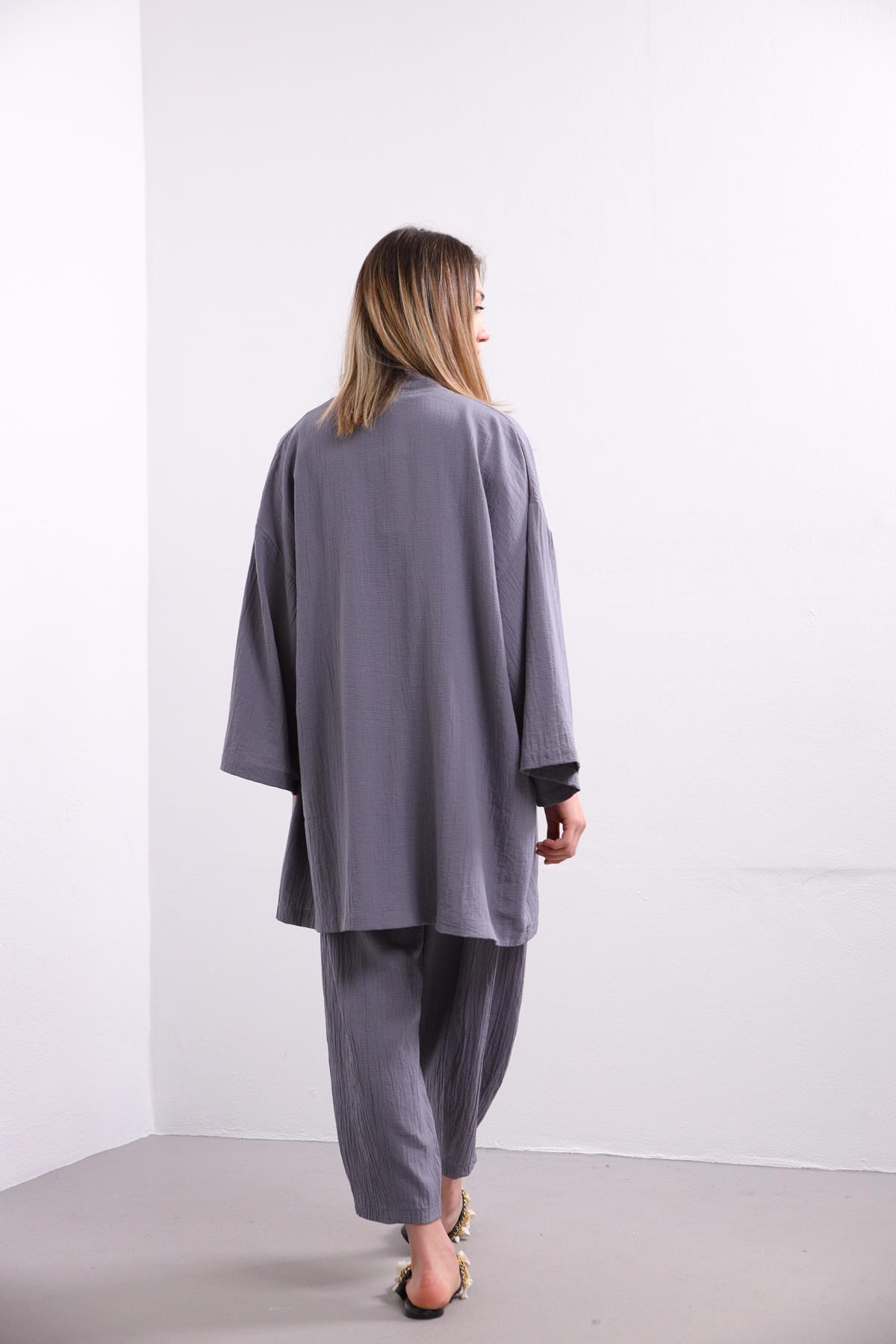  Füme Rengi Gofre Kimono Pantolon Takım