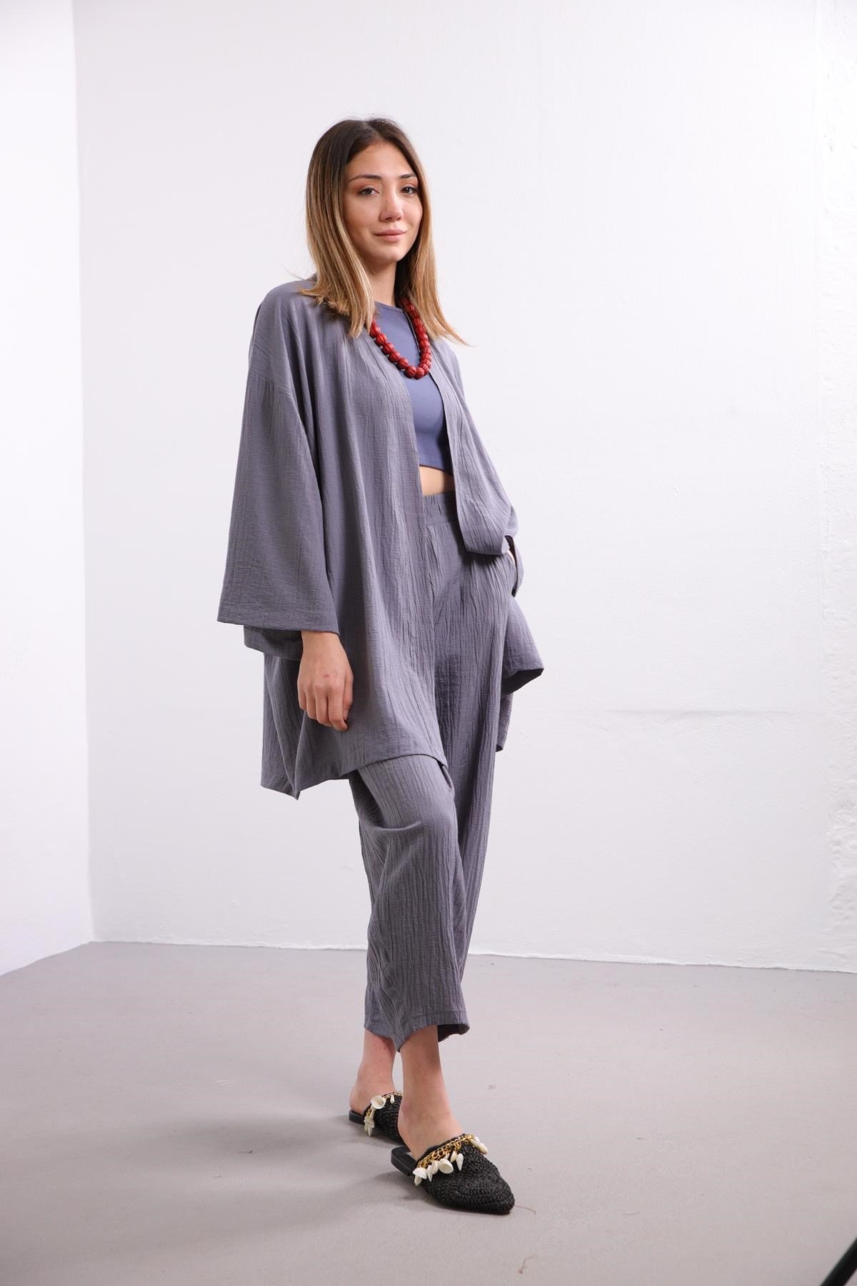  Füme Rengi Gofre Kimono Pantolon Takım