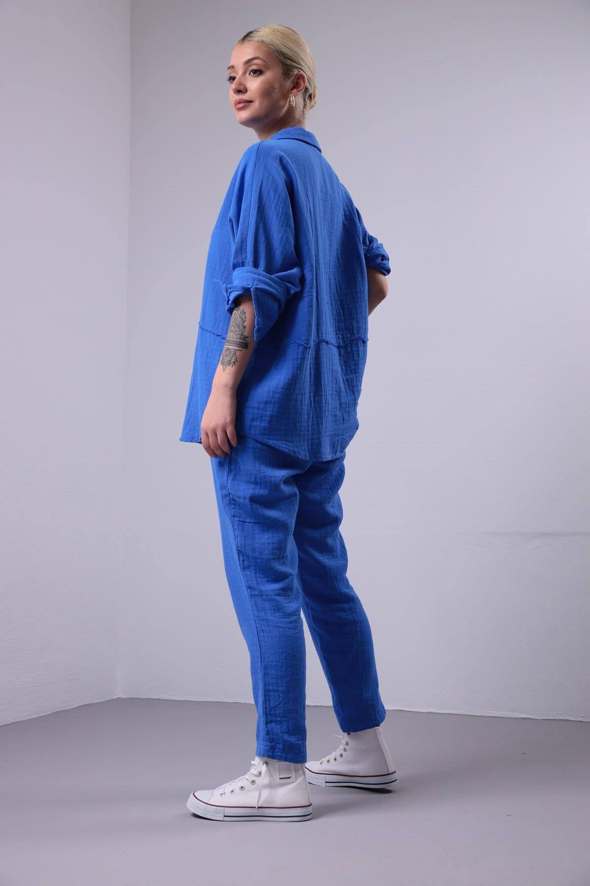  İndigo Mavi Gömlek ve Pantolon Takım