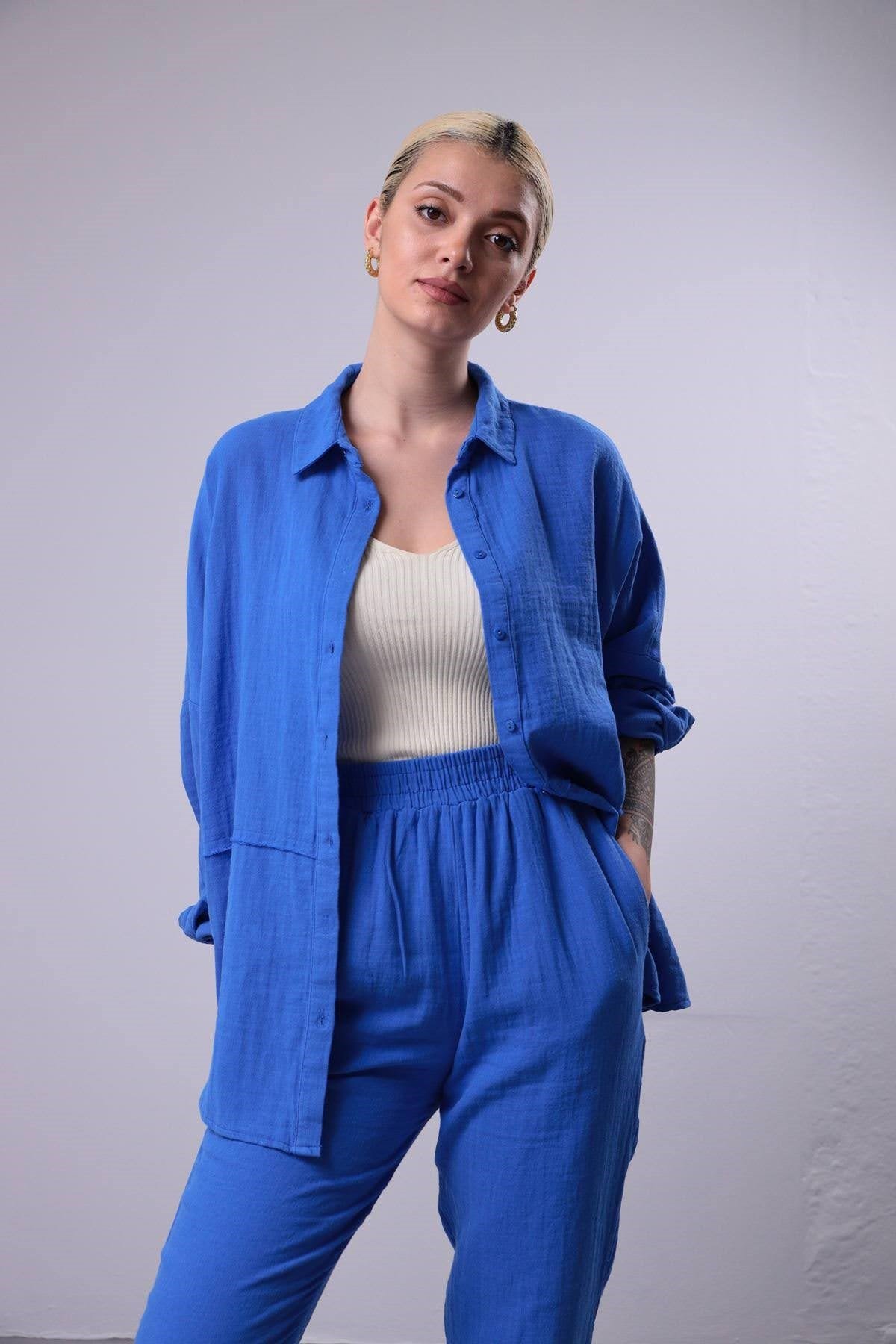  İndigo Mavi Gömlek ve Pantolon Takım