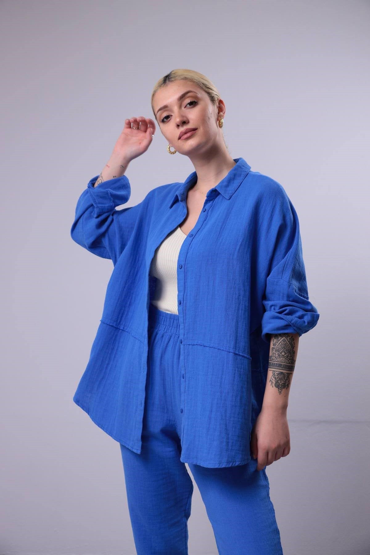  İndigo Mavi Gömlek ve Pantolon Takım