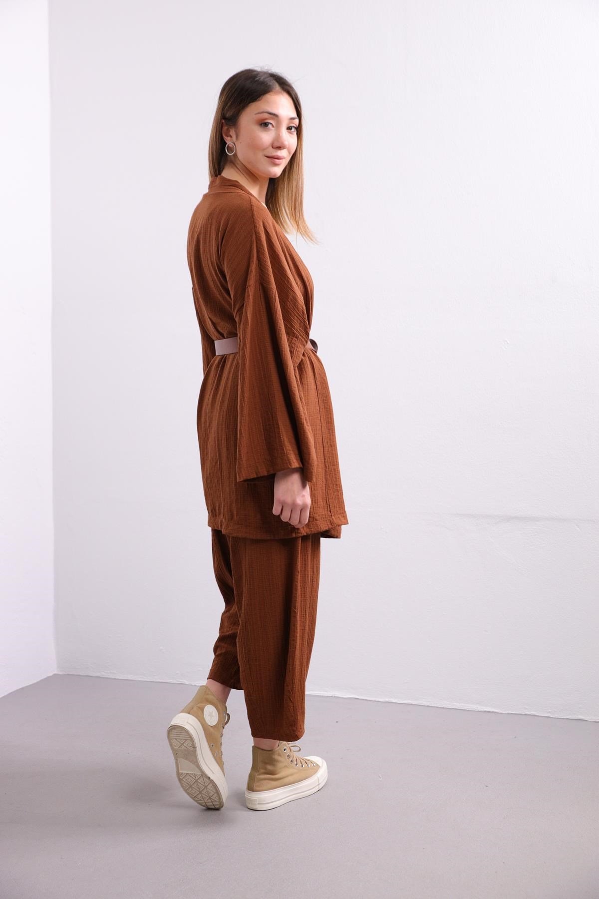  Kahverengi Gofre Kimono Pantolon Takım