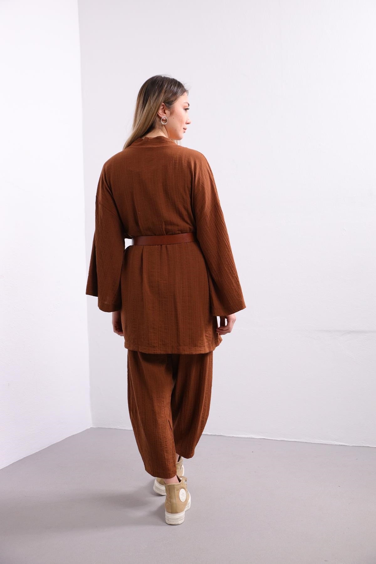  Kahverengi Gofre Kimono Pantolon Takım