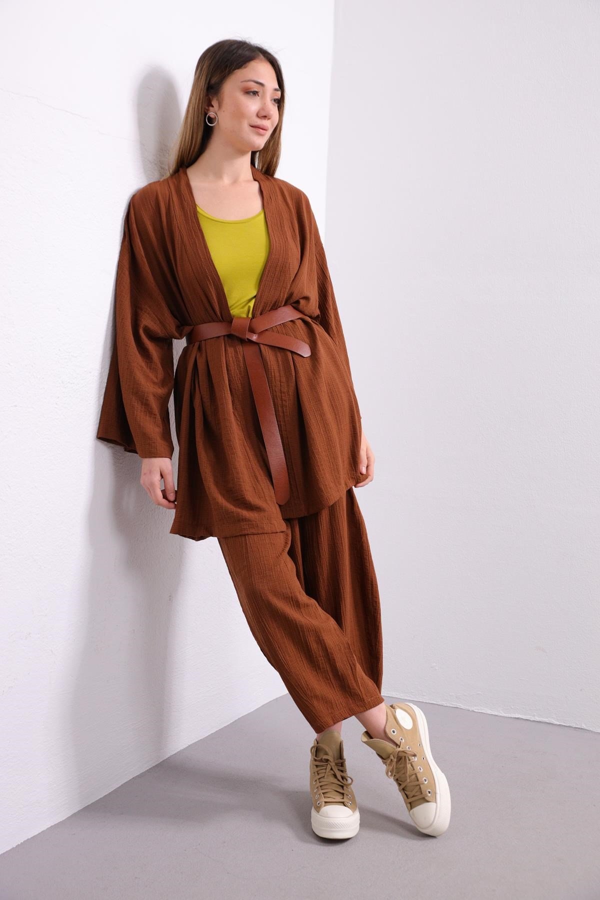  Kahverengi Gofre Kimono Pantolon Takım