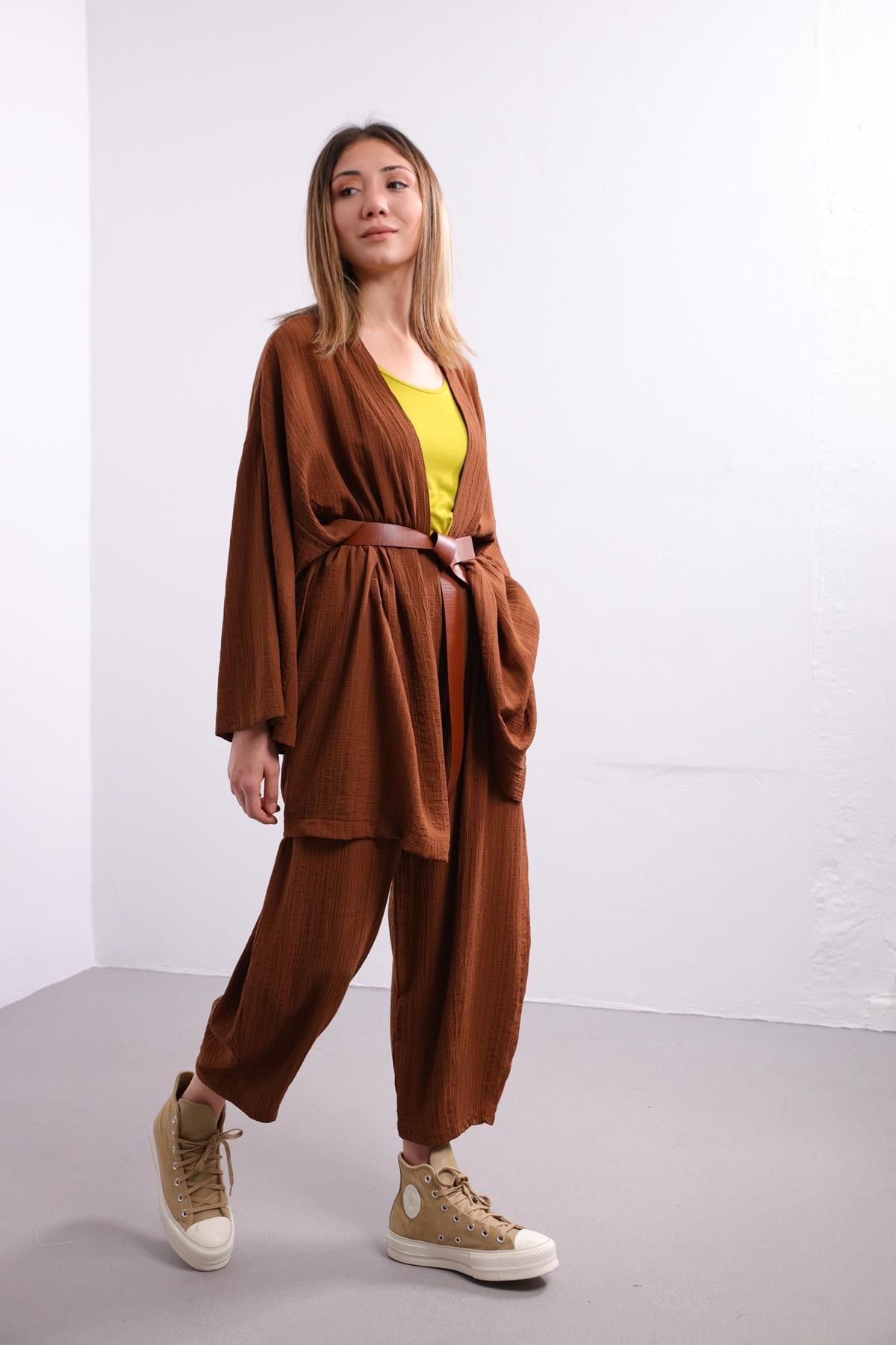  Kahverengi Gofre Kimono Pantolon Takım