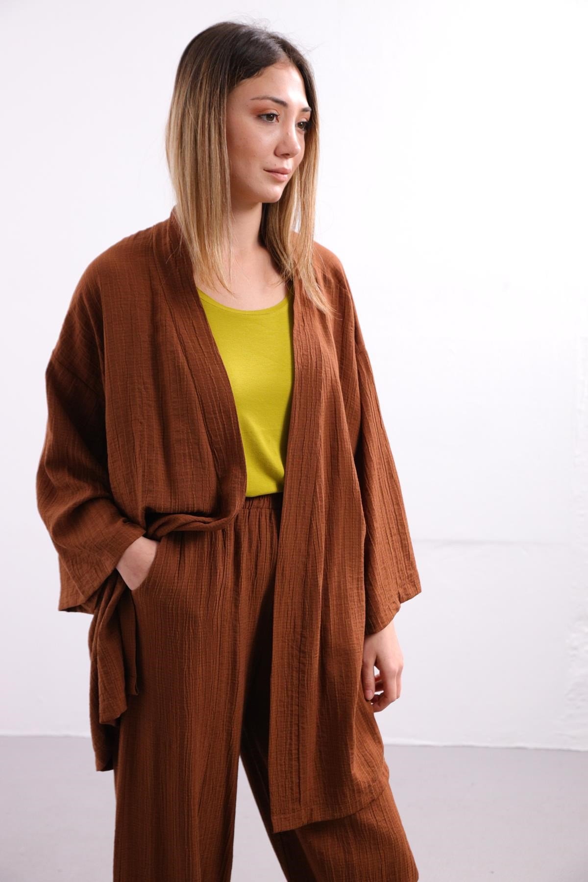  Kahverengi Gofre Kimono Pantolon Takım