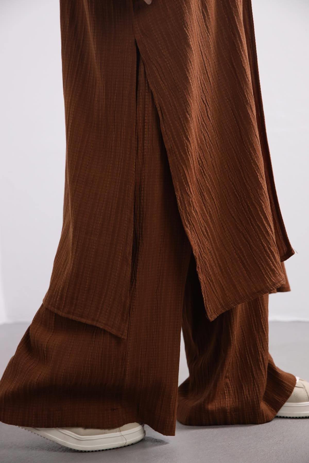  Kahverengi Gofre Uzun Kimono Takım