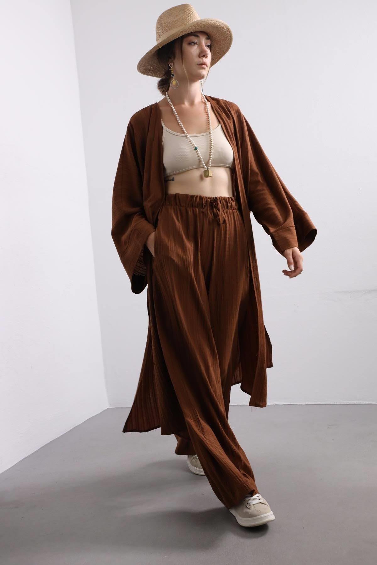  Kahverengi Gofre Uzun Kimono Takım