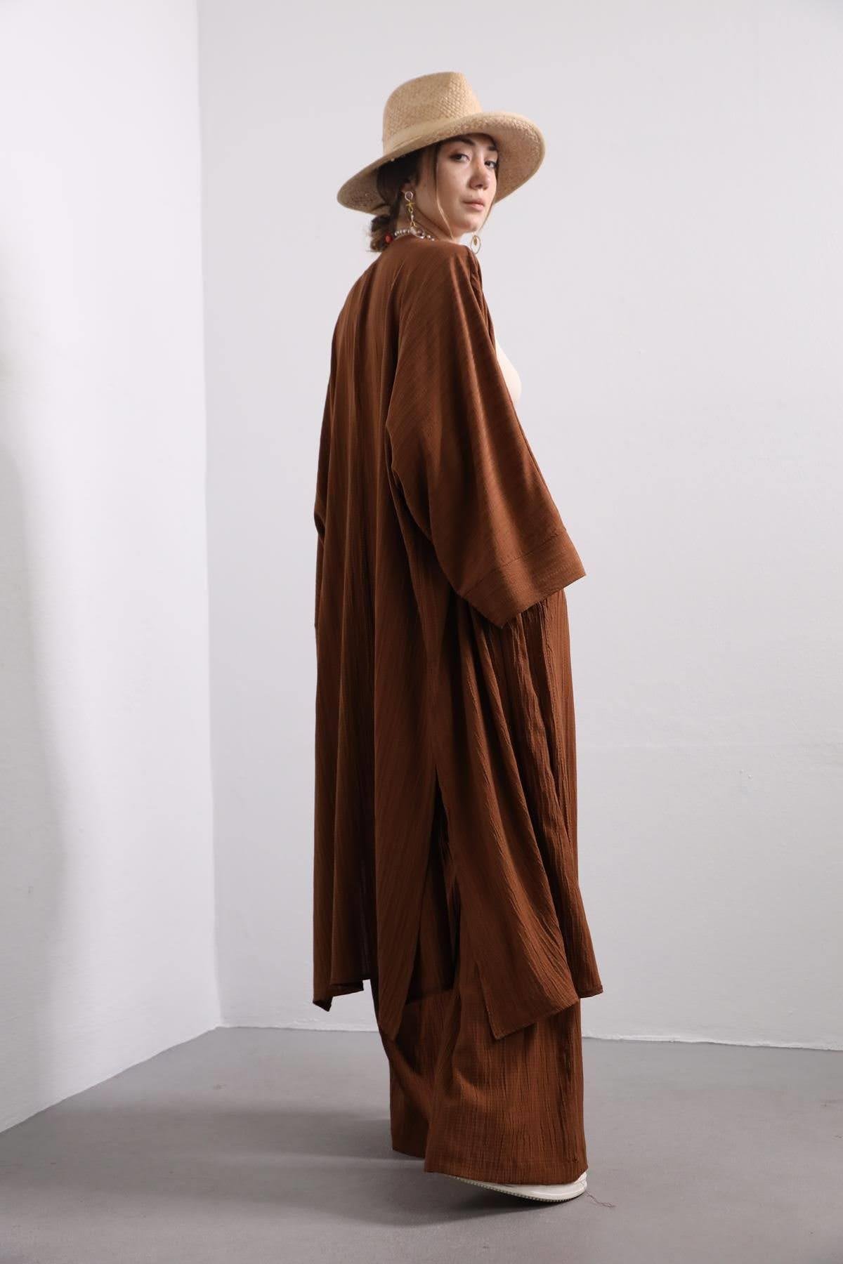  Kahverengi Gofre Uzun Kimono Takım