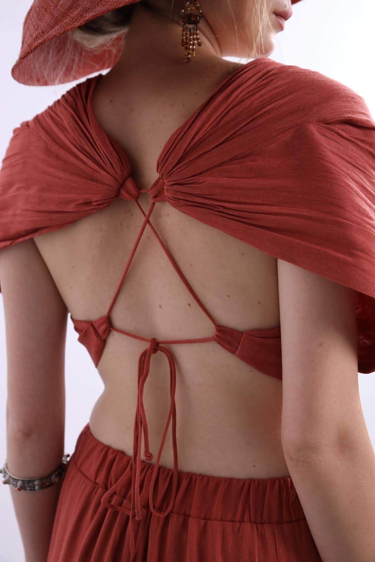  Kiremit Rengi Derin Dekolteli İşlemeli Bohem Takım