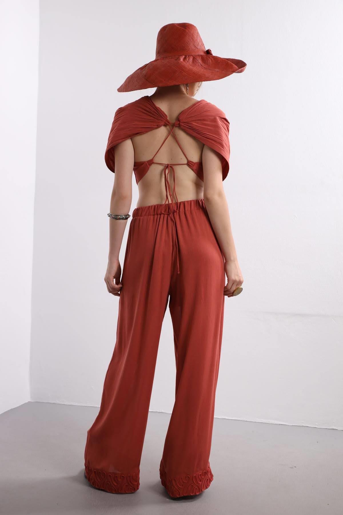  Kiremit Rengi Derin Dekolteli İşlemeli Bohem Takım