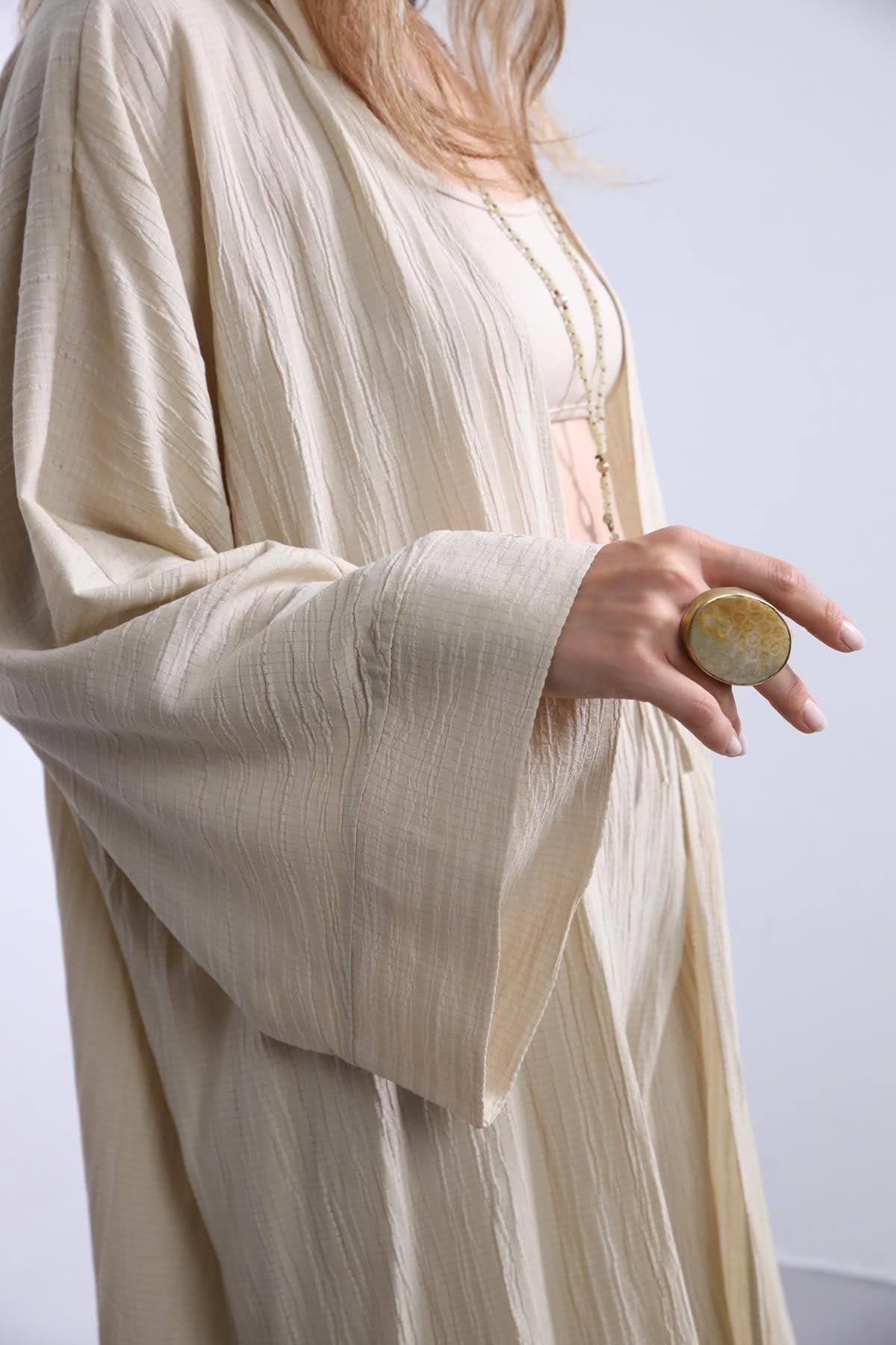  Krem Rengi Gofre Uzun Kimono Takım