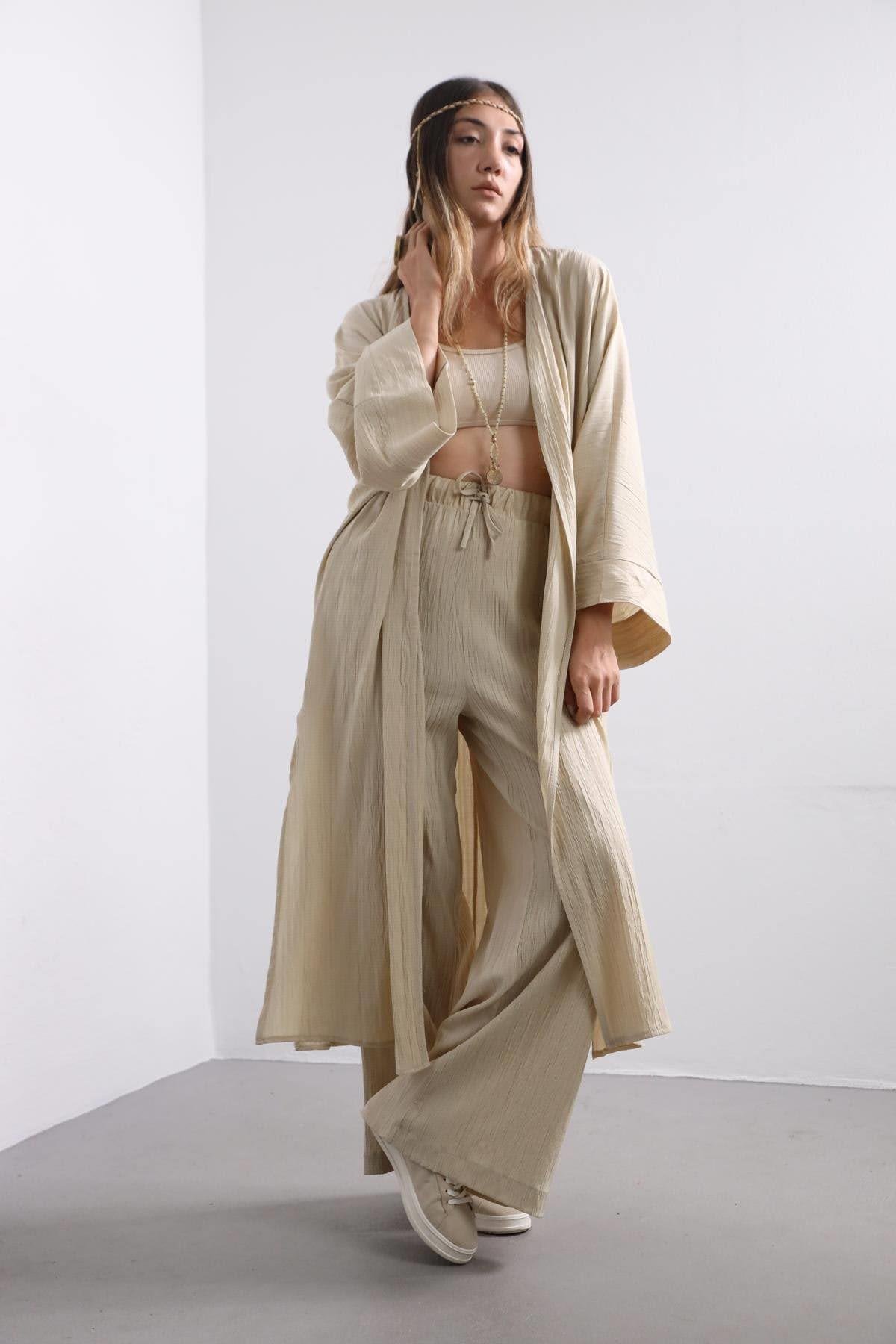  Krem Rengi Gofre Uzun Kimono Takım