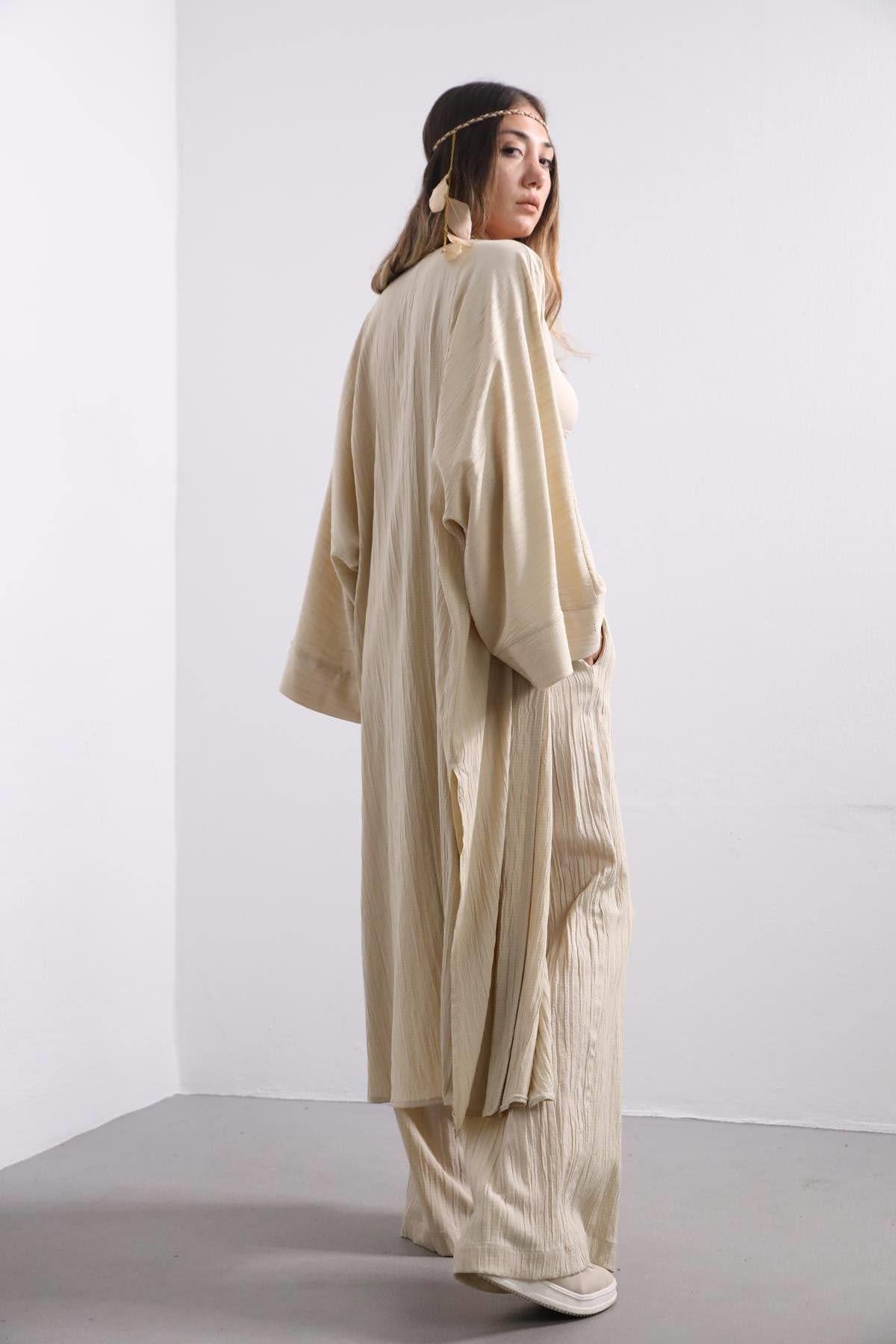  Krem Rengi Gofre Uzun Kimono Takım