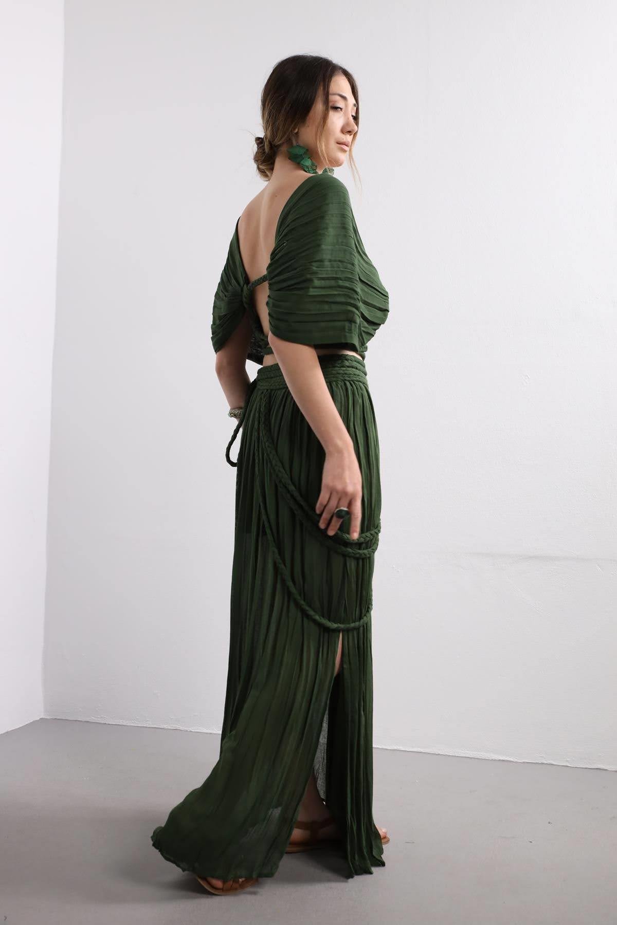  Zümrüt Yeşili Pileli Bağlamalı Bluz Etek Takım