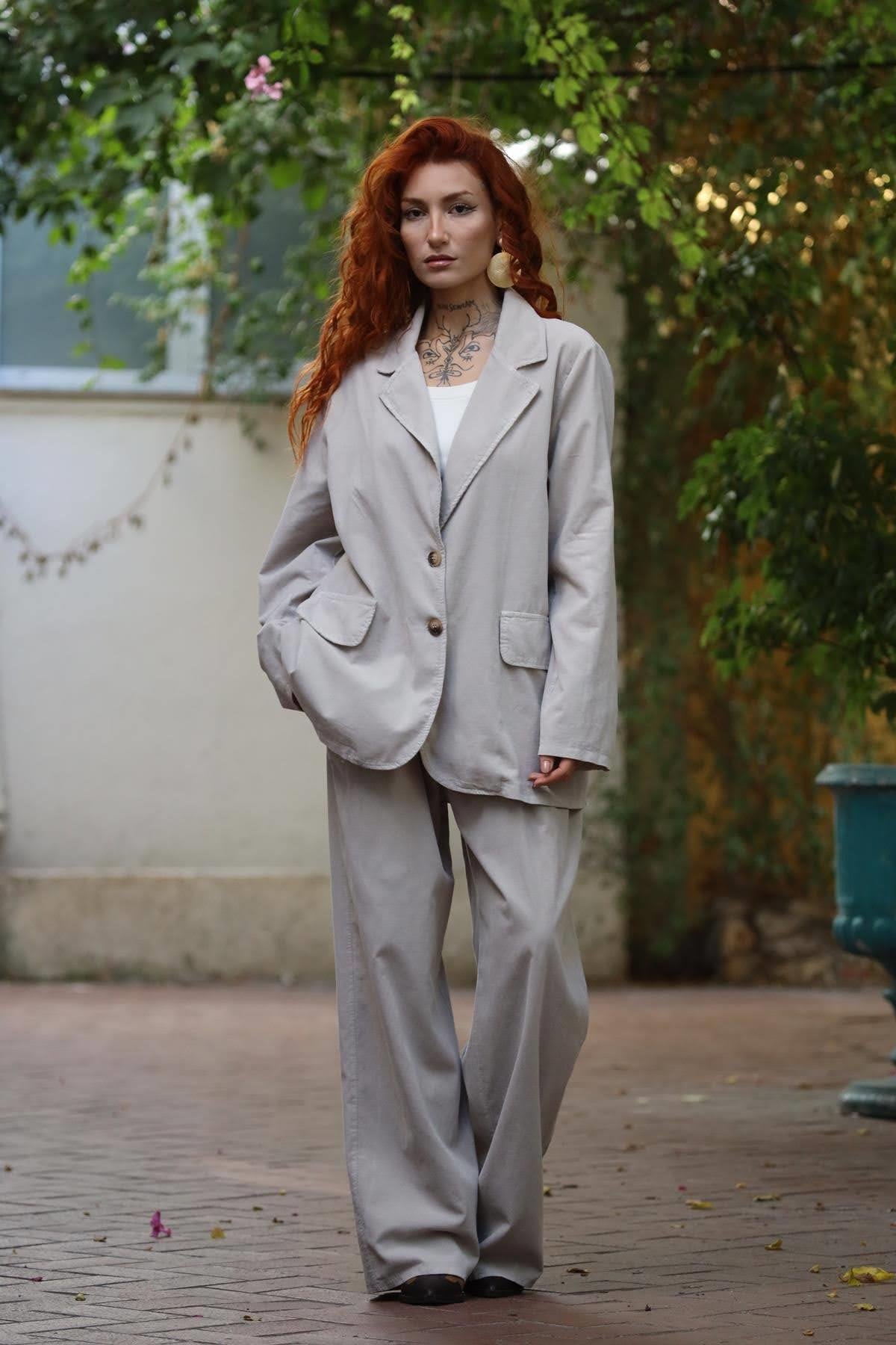 Taş Rengi Kadife Ceket ve Pantolon Takım