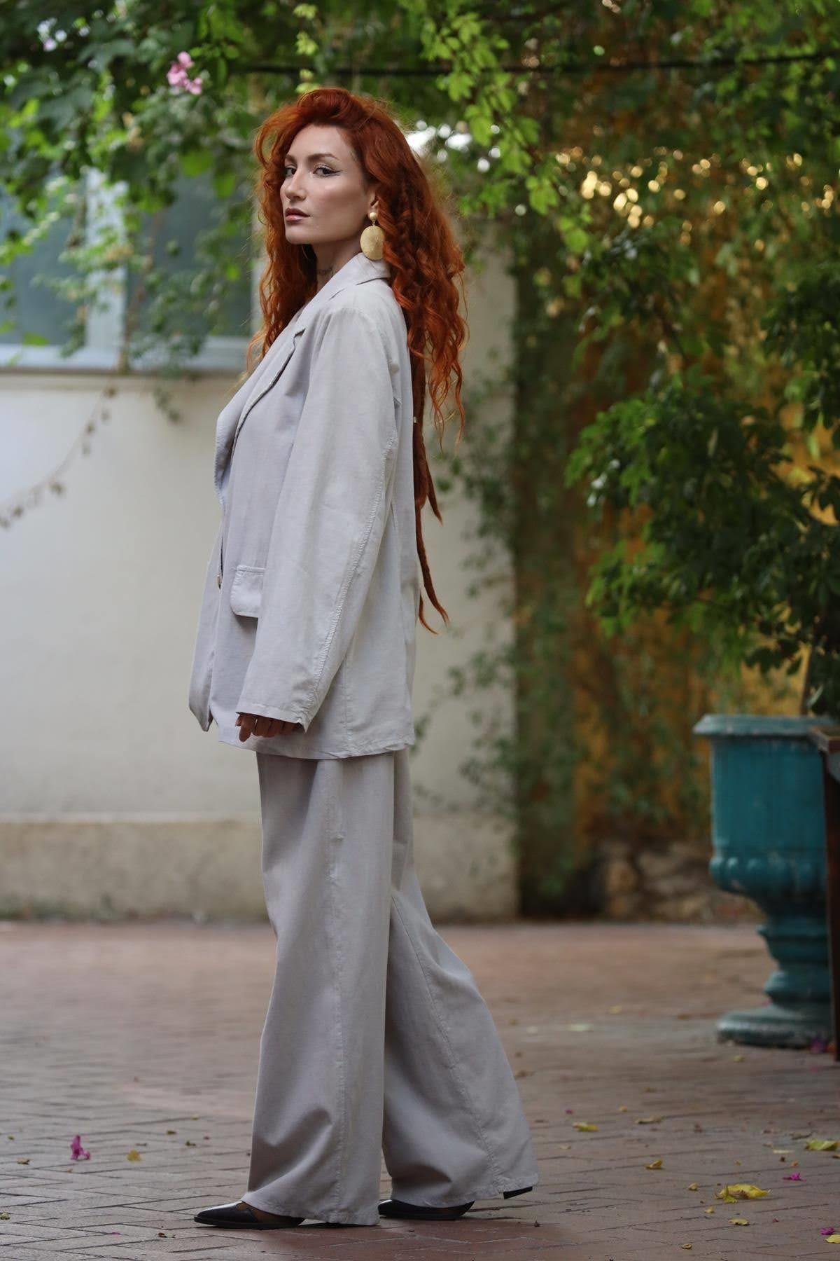 Taş Rengi Kadife Ceket ve Pantolon Takım