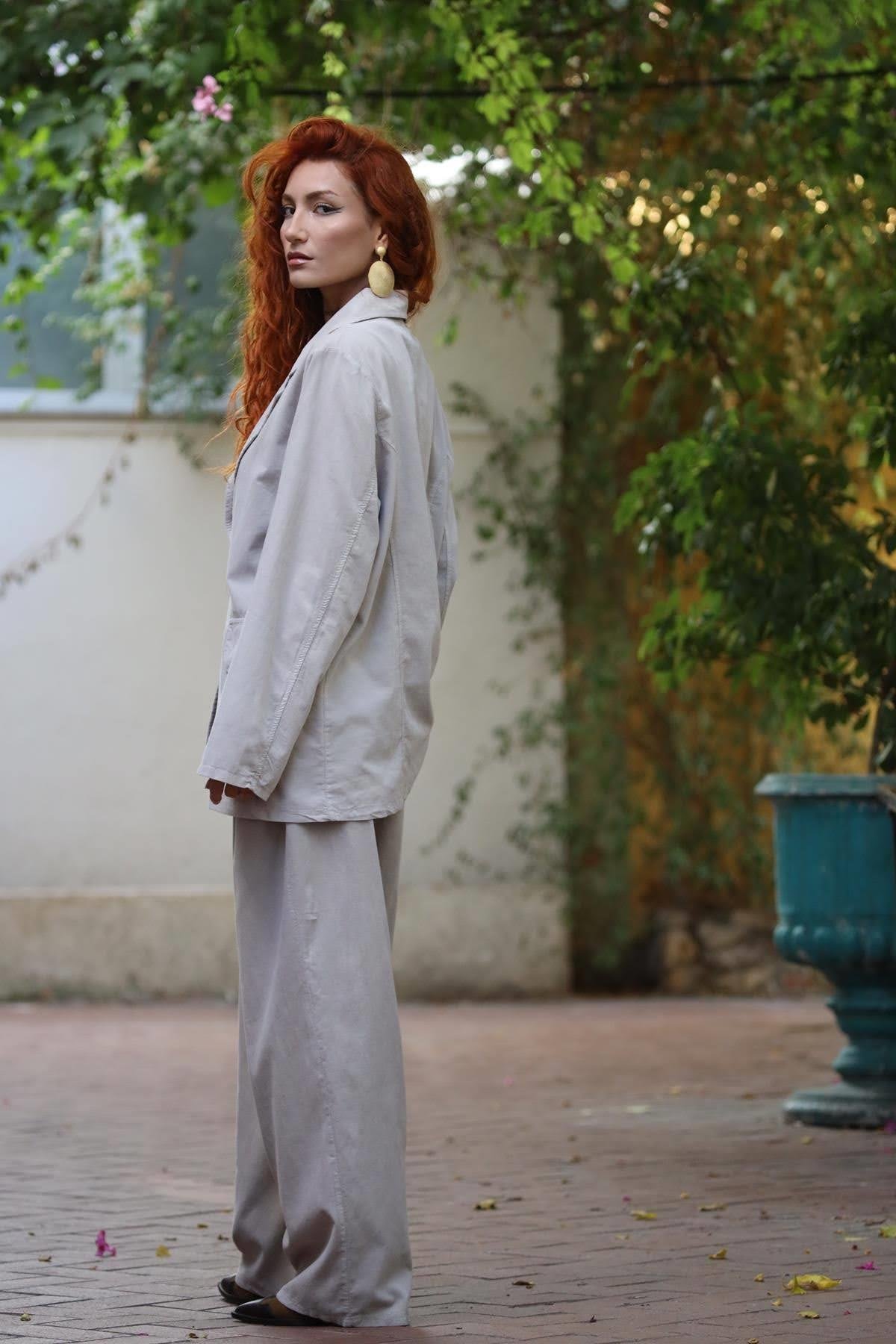 Taş Rengi Kadife Ceket ve Pantolon Takım