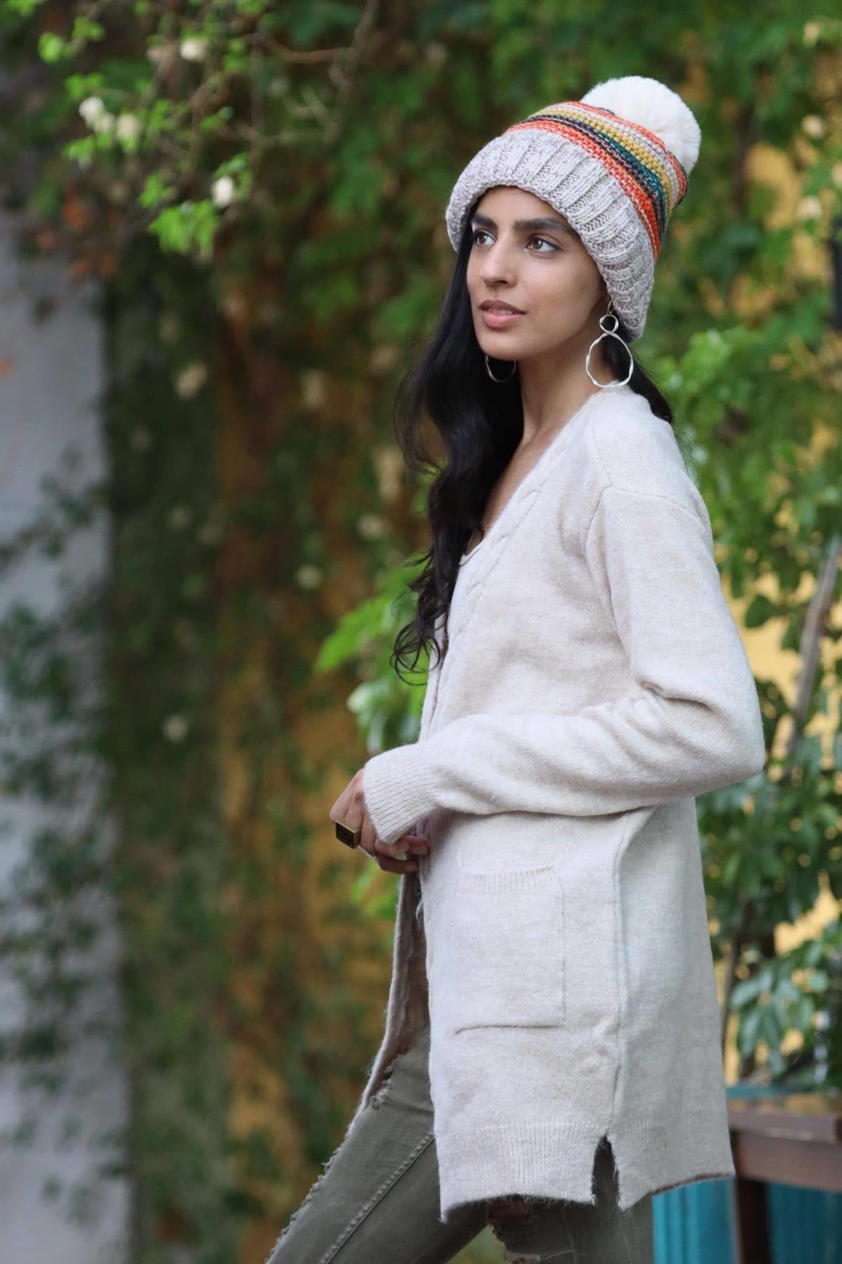 Taş Rengi Örgü Detaylı Cepli Hırka