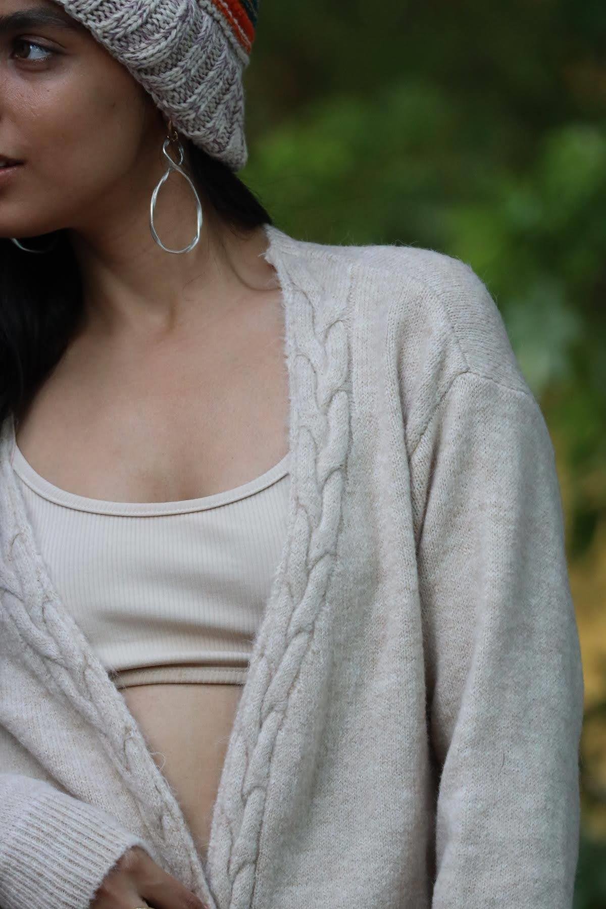 Taş Rengi Örgü Detaylı Cepli Hırka