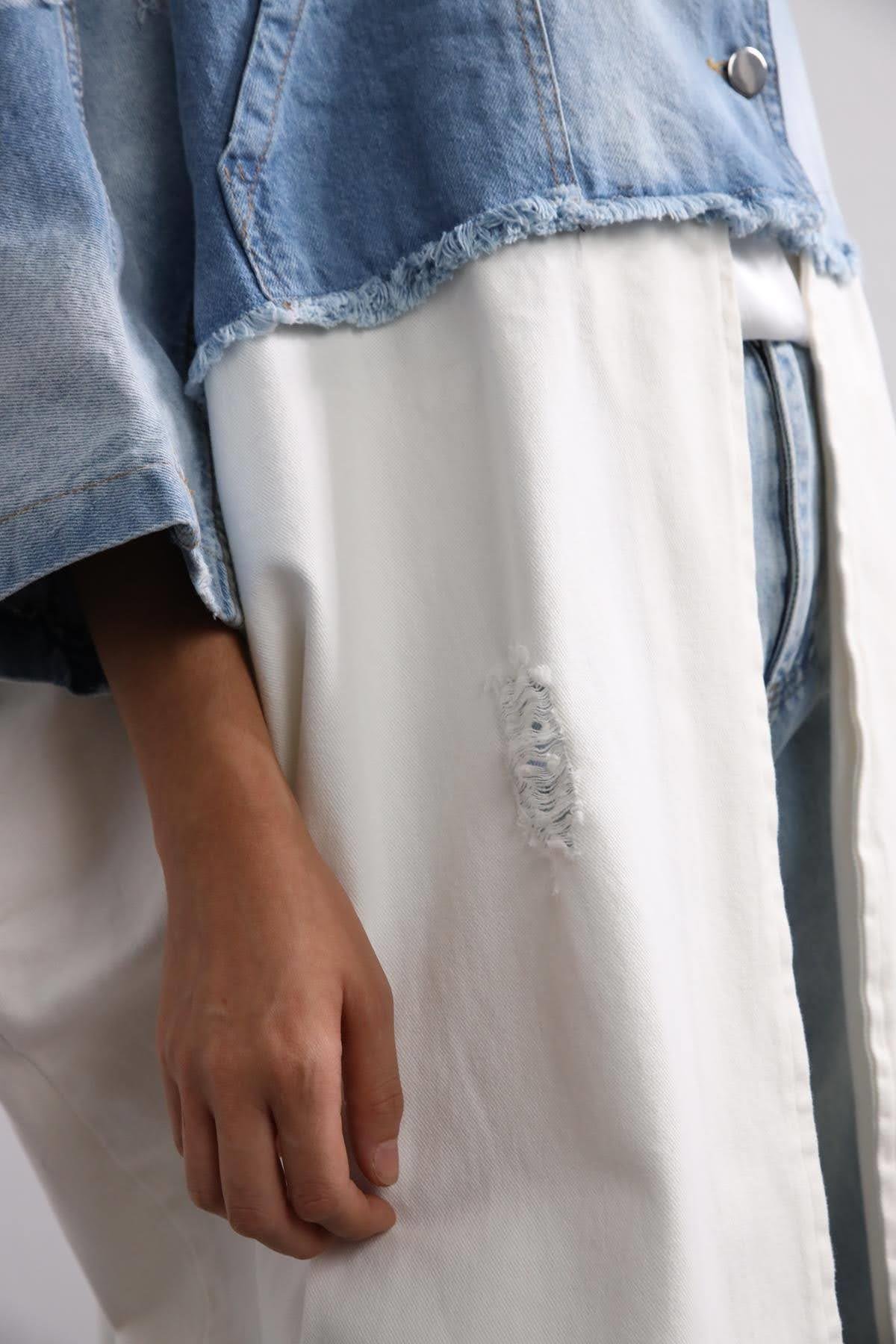  Mavi Kot Detaylı Arkası Yazılı Trençkot