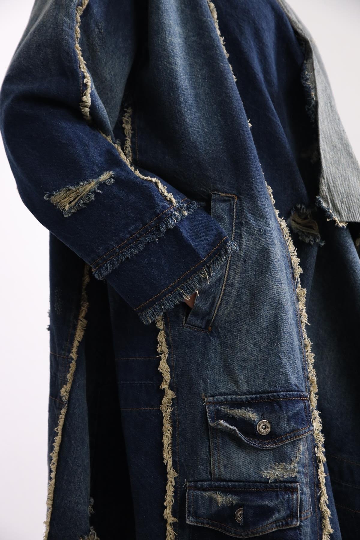  Mavi Yırtık Detaylı Denim Trençkot