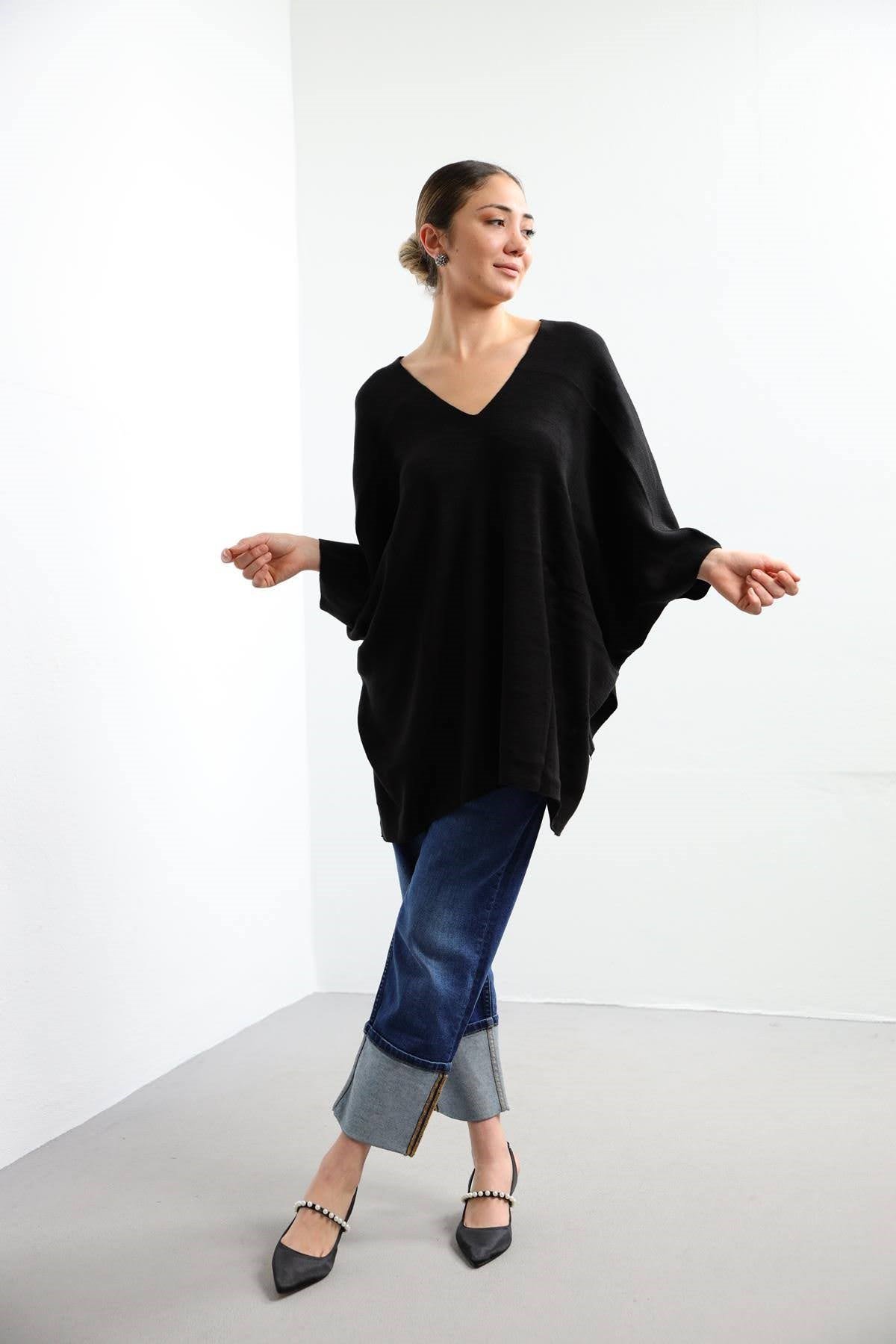 Navy Blue Floral Stitched Waist Shirt Dress - Şaman Butik Black V-Neck Poncho Knitwear