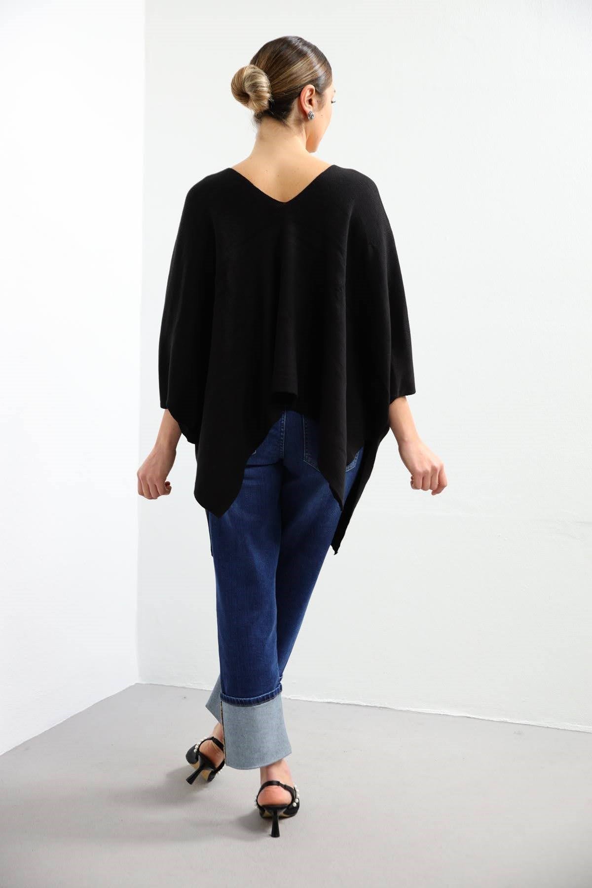 Navy Blue Floral Stitched Waist Shirt Dress - Şaman Butik Black V-Neck Poncho Knitwear