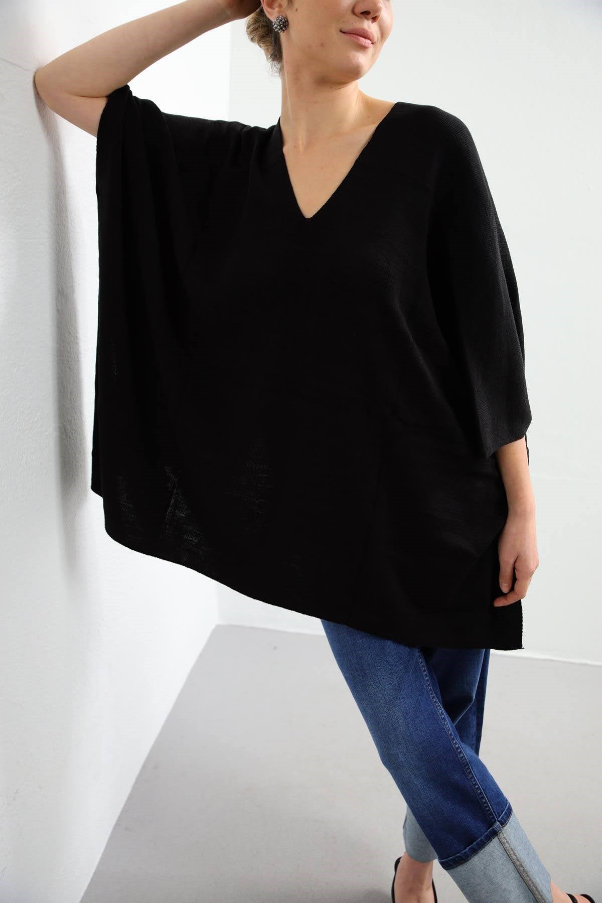 Navy Blue Floral Stitched Waist Shirt Dress - Şaman Butik Black V-Neck Poncho Knitwear