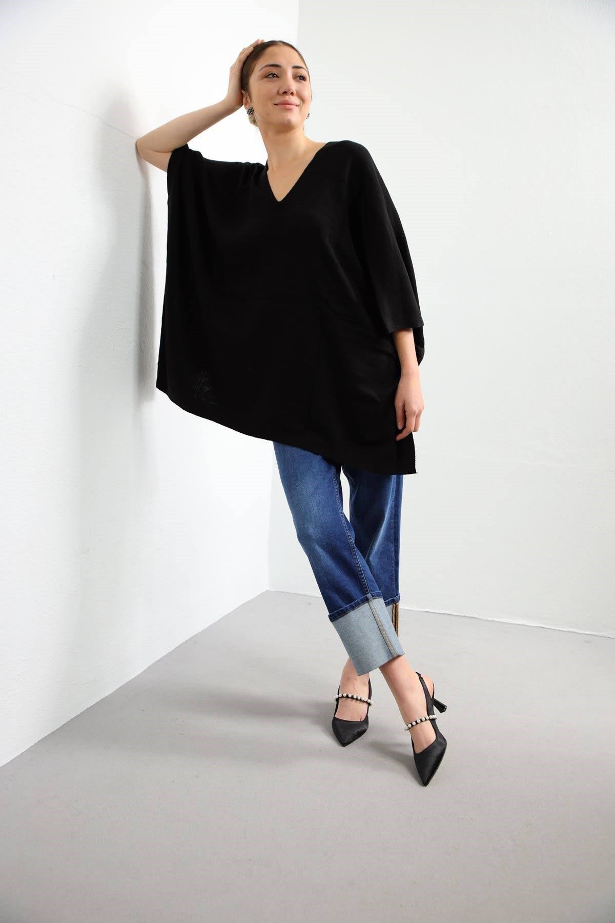 Navy Blue Floral Stitched Waist Shirt Dress - Şaman Butik Black V-Neck Poncho Knitwear