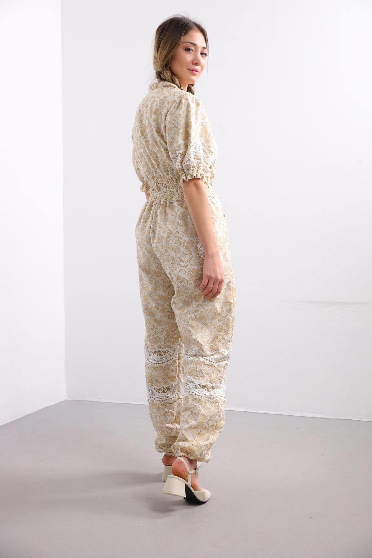 Bej Güpürlü Beli Lastikli Şık Tulum - Şaman Butik Bej Güpürlü Beli Lastikli Şık Tulum