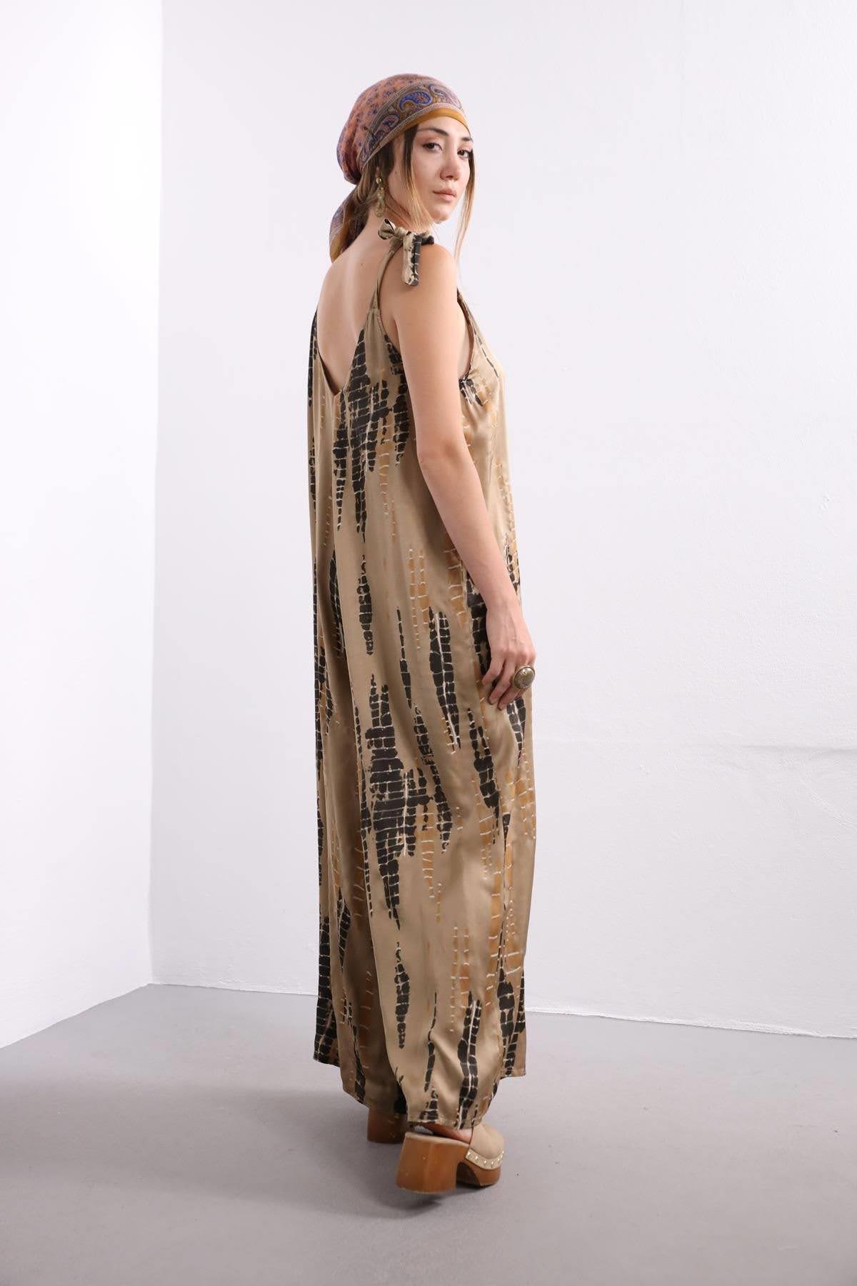 Kahverengi Batik Desenli Saten Tulum - Şaman Butik Kahverengi Batik Desenli Saten Tulum