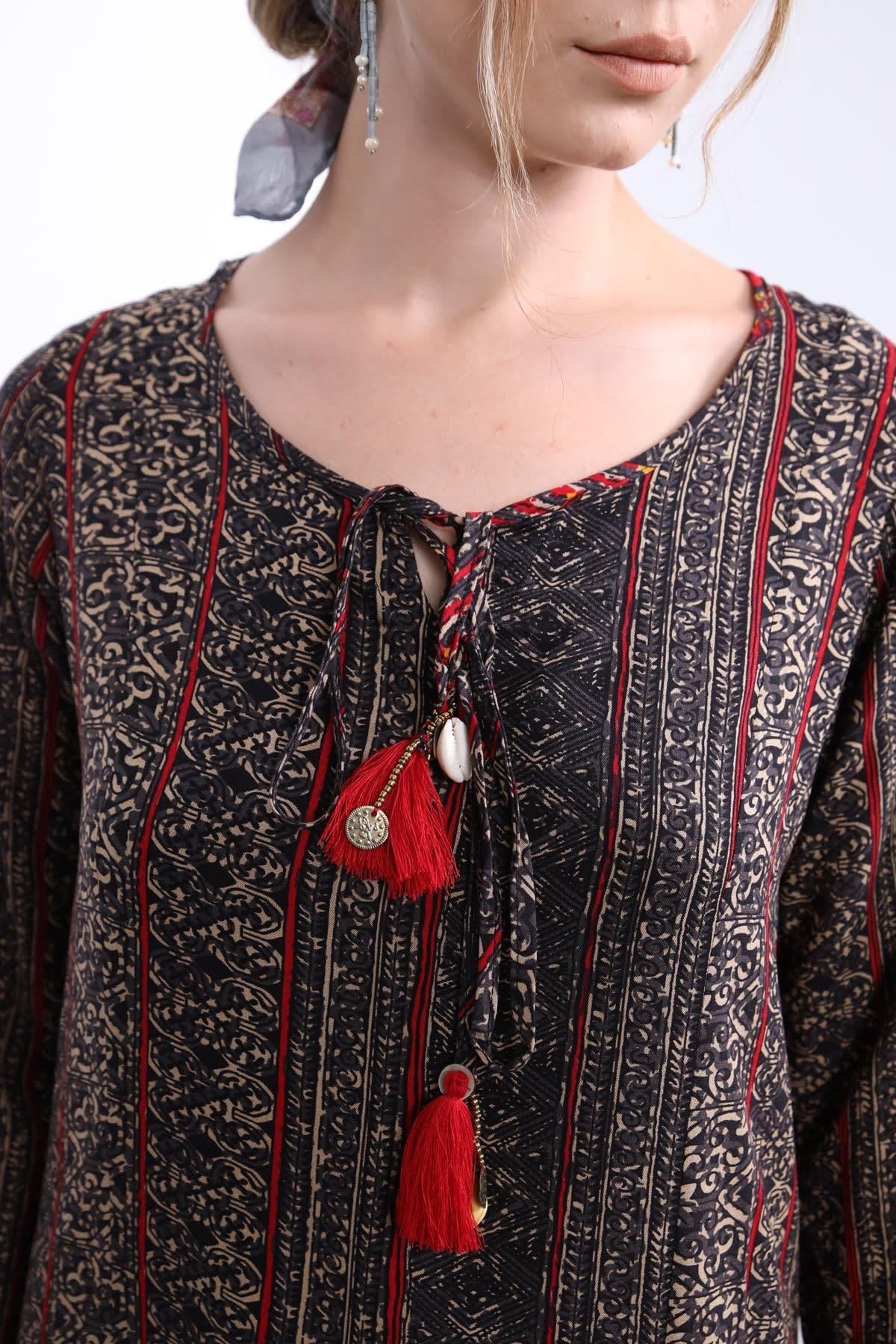Desenli Truvakar Kol Yırtmaçlı Tunik Elbise - Şaman Butik - Bohem Giyim ve Aksesuar | Kadın & Erkek Desenli Truvakar Kol Yırtmaçlı Tunik Elbise