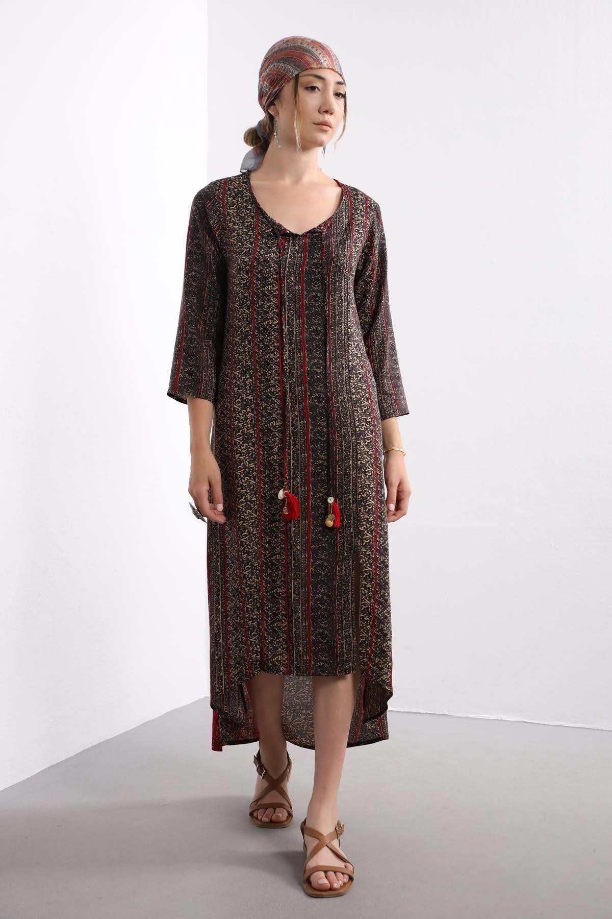Desenli Truvakar Kol Yırtmaçlı Tunik Elbise - Şaman Butik - Bohem Giyim ve Aksesuar | Kadın & Erkek Desenli Truvakar Kol Yırtmaçlı Tunik Elbise