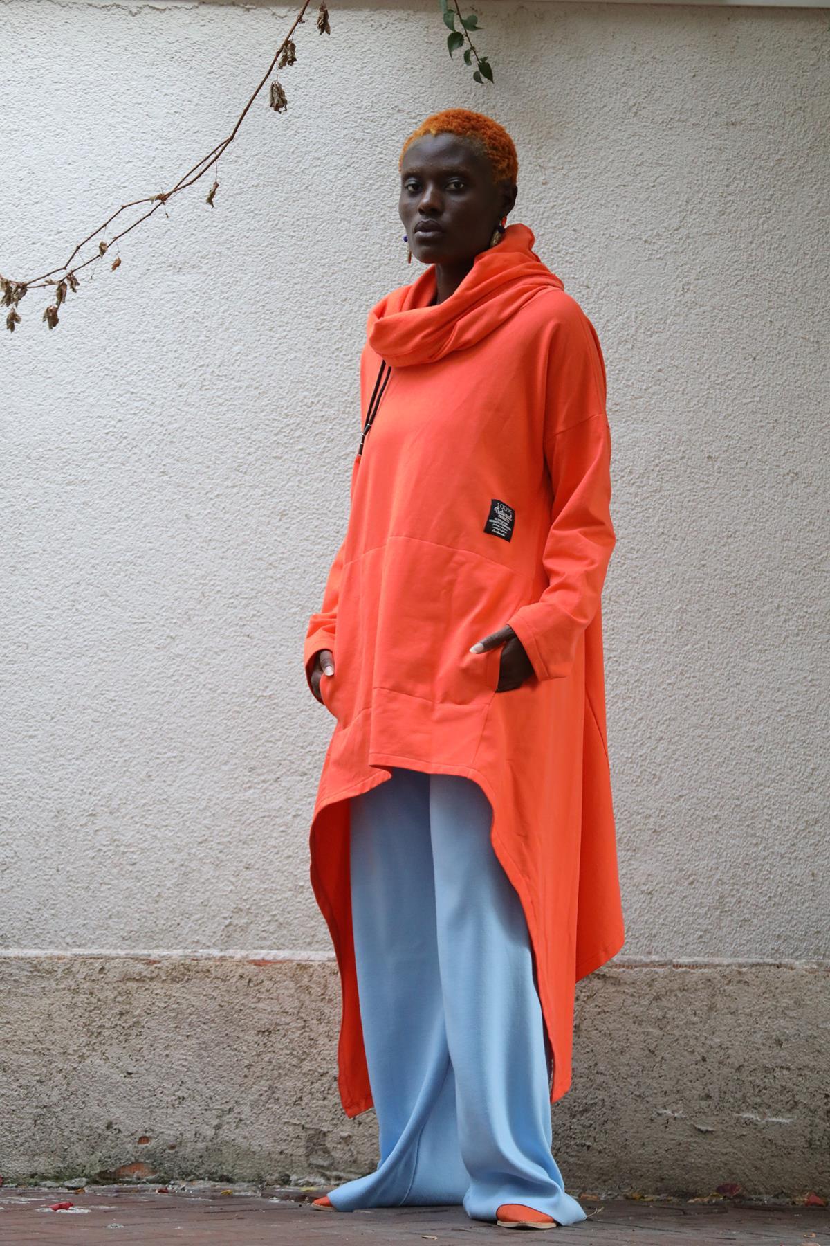 Orange Asymmetric Cut Turtleneck Poncho Sweat