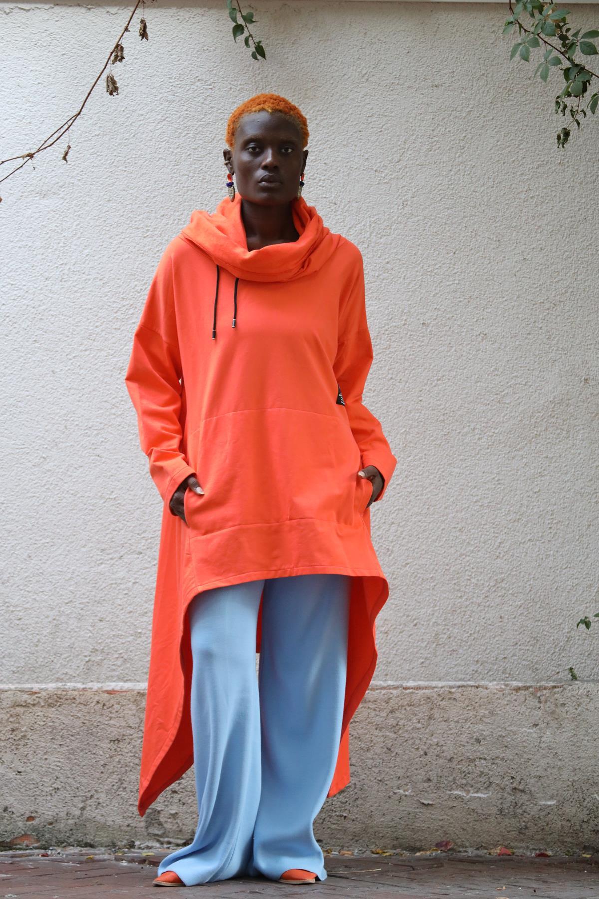 Orange Asymmetric Cut Turtleneck Poncho Sweat