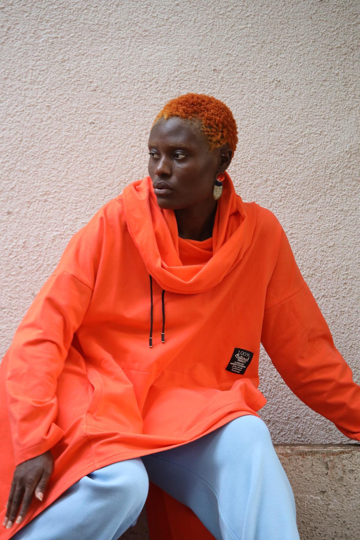 Orange Asymmetric Cut Turtleneck Poncho Sweat