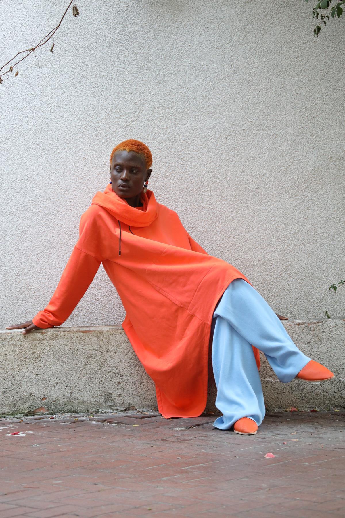 Orange Asymmetric Cut Turtleneck Poncho Sweat