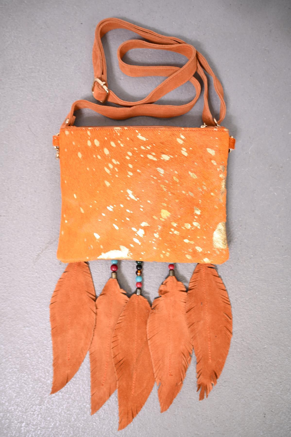 Turuncu Deniz Kabuklu Boncuk Püsküllü Tay Tüyü Tasarım Çanta