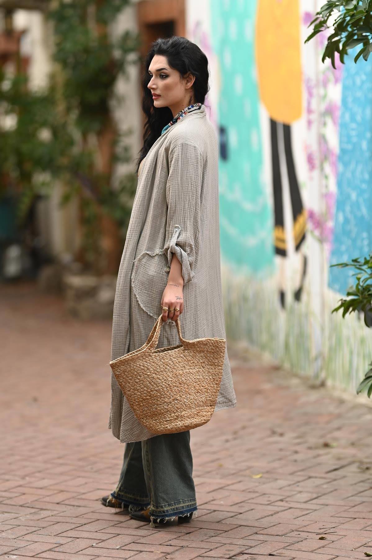 Mink Tasseled Pocket Detailed Muslin Caftan