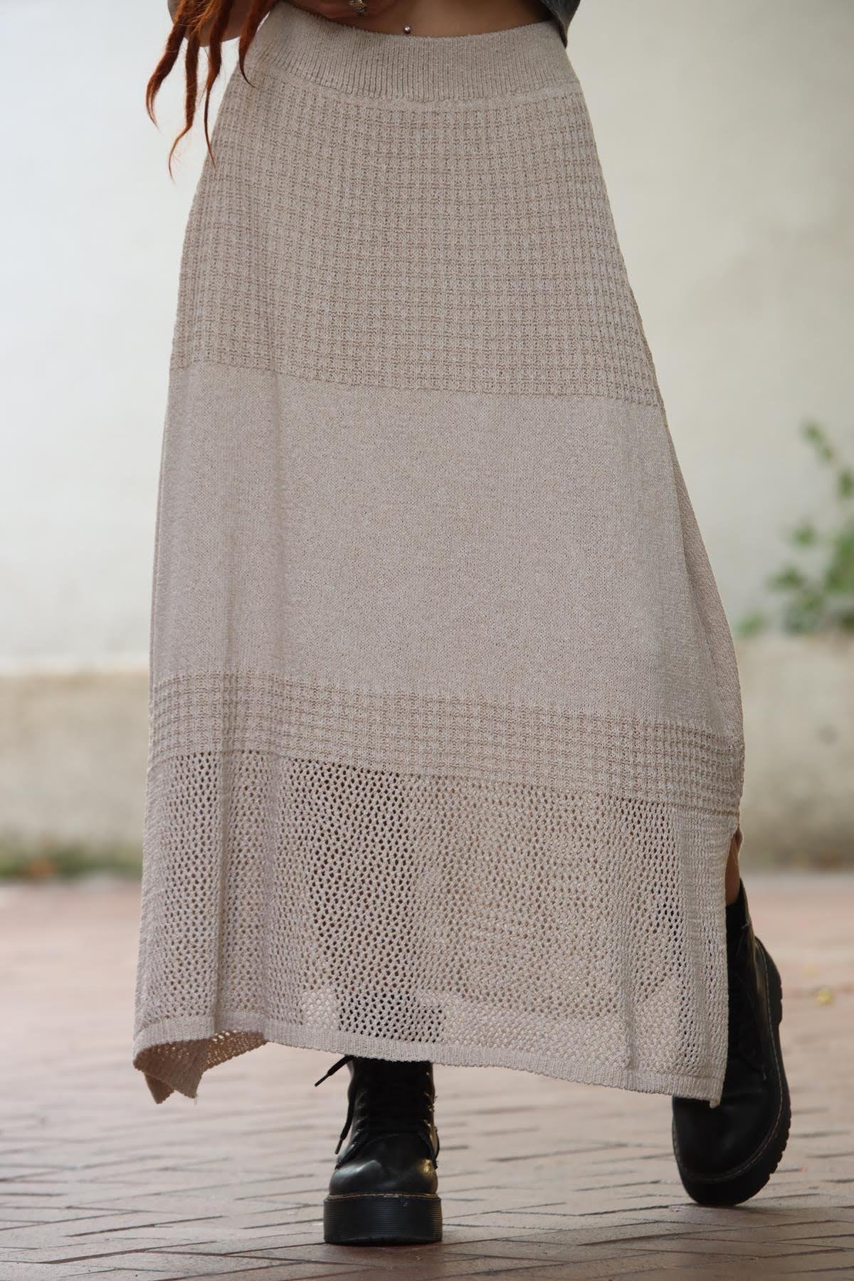 Vizon Rengi File Detay Yırtmaçlı Örme Etek