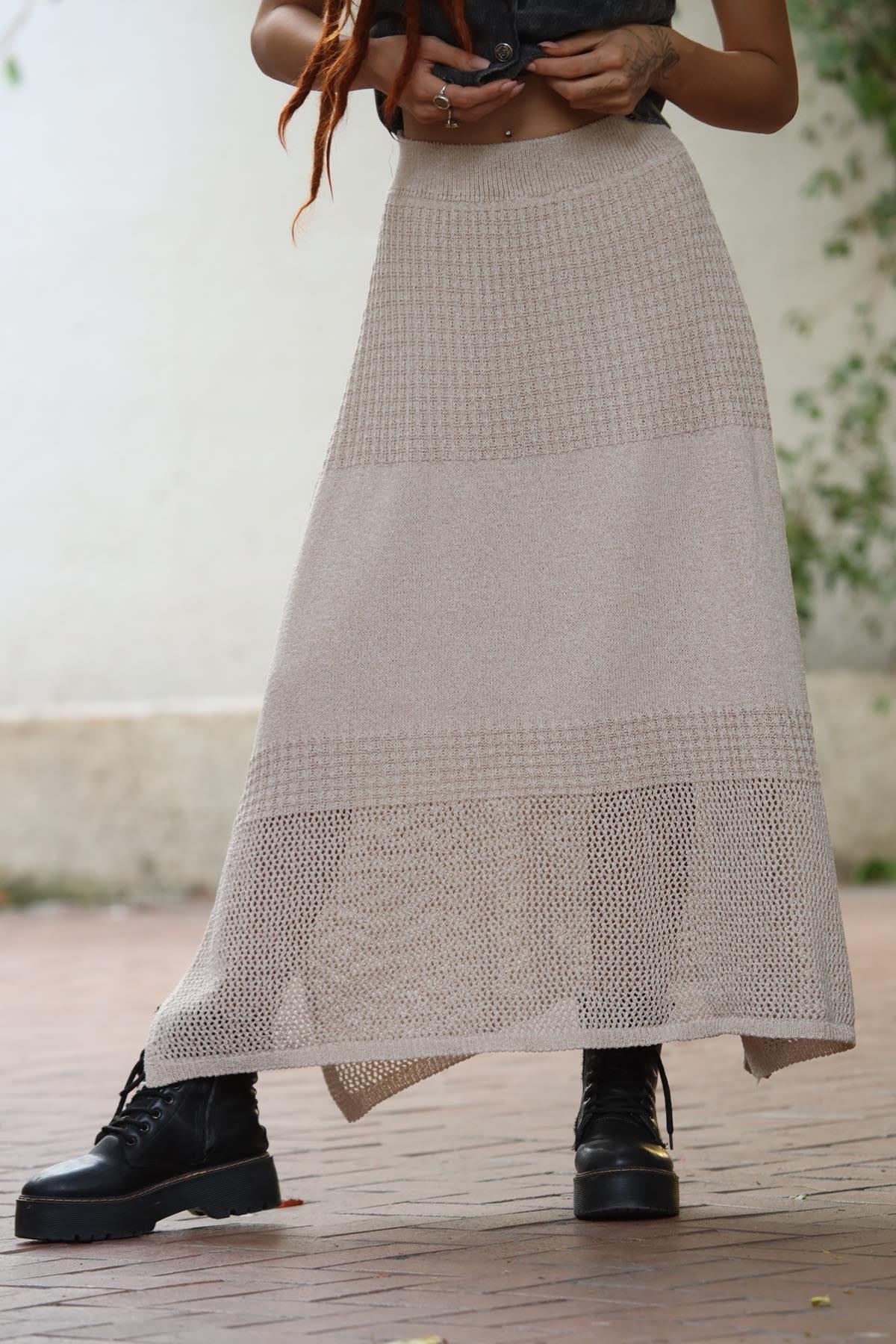 Vizon Rengi File Detay Yırtmaçlı Örme Etek