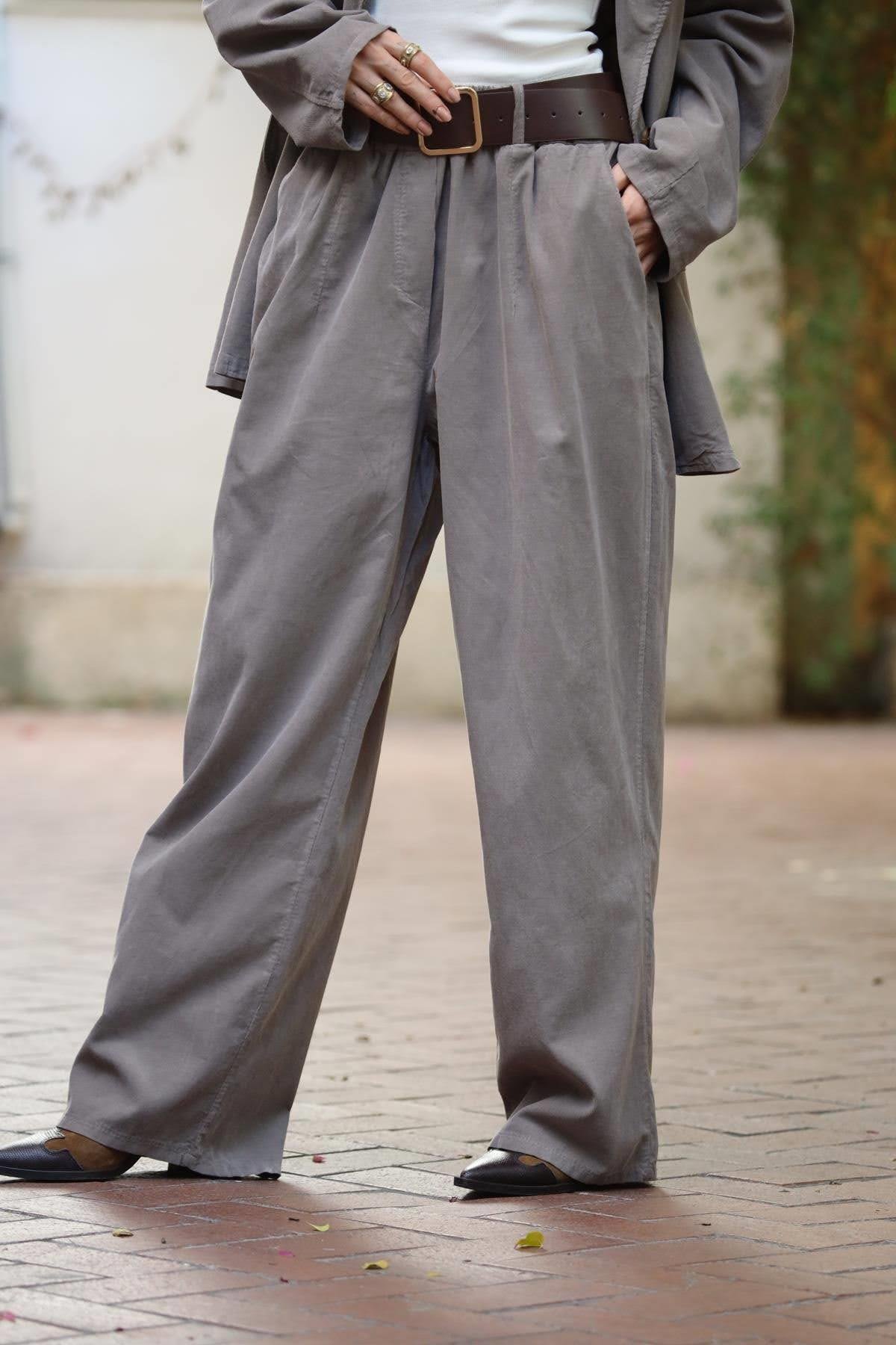 Vizon Rengi Kadife Ceket ve Pantolon Takım