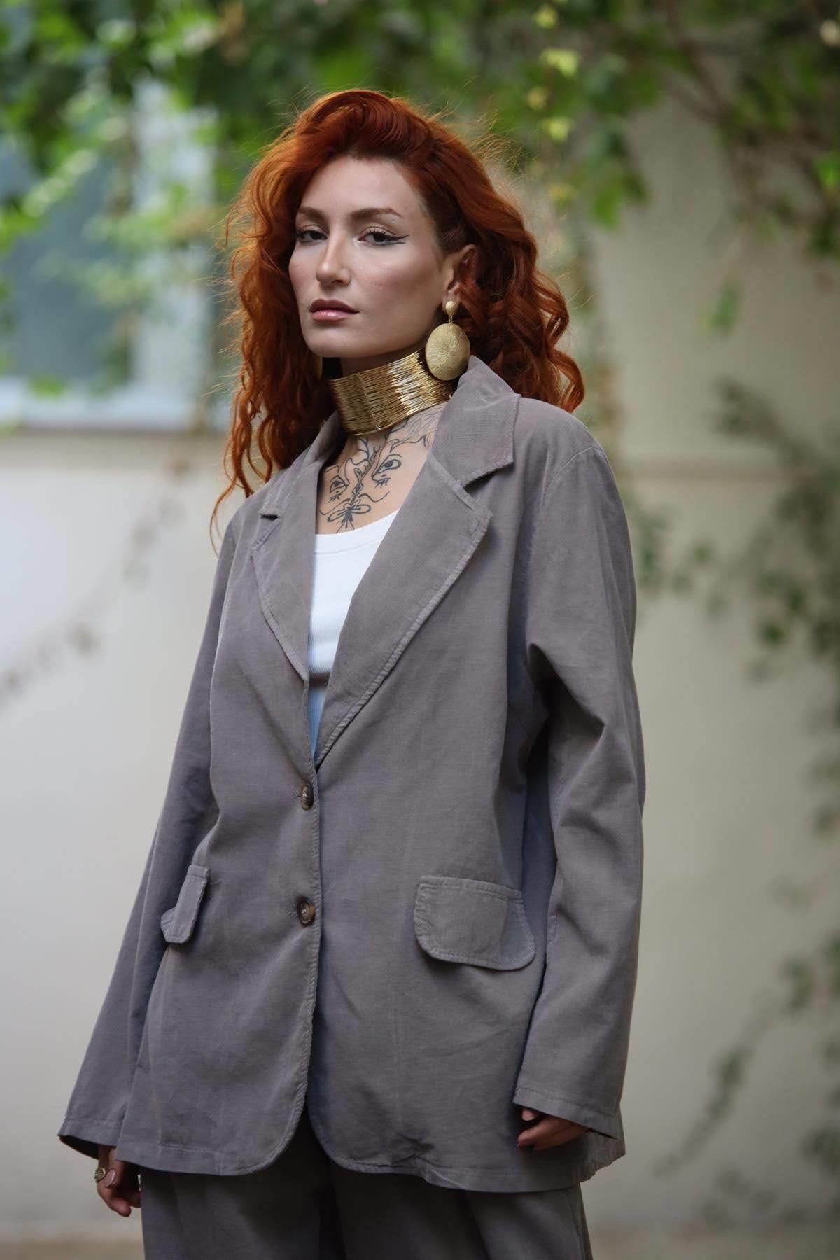 Vizon Rengi Kadife Ceket ve Pantolon Takım