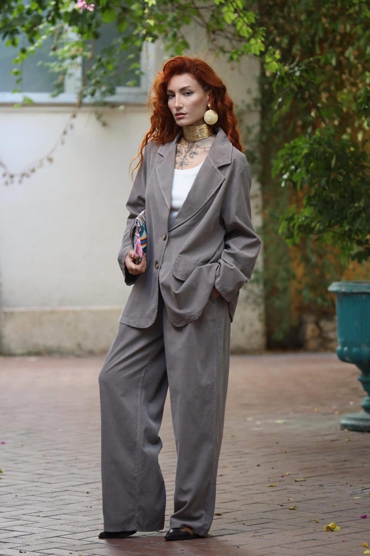 Vizon Rengi Kadife Ceket ve Pantolon Takım