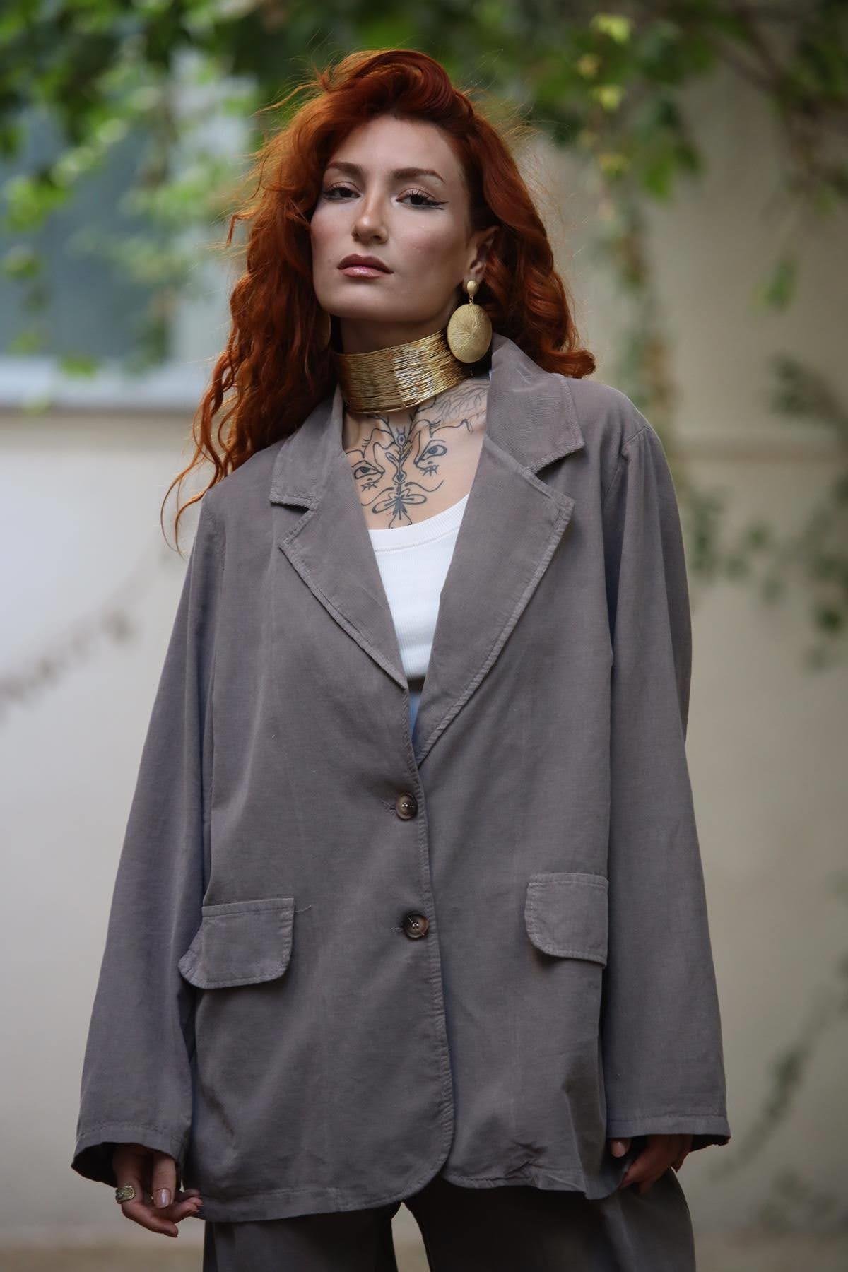 Vizon Rengi Kadife Ceket ve Pantolon Takım