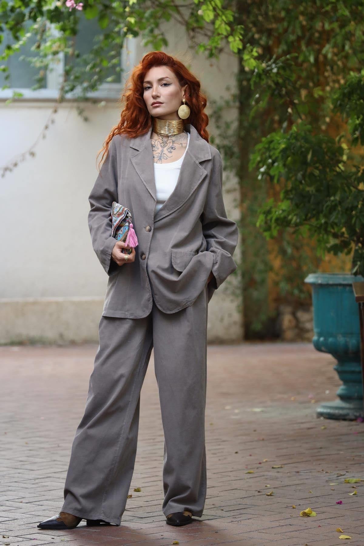 Vizon Rengi Kadife Ceket ve Pantolon Takım