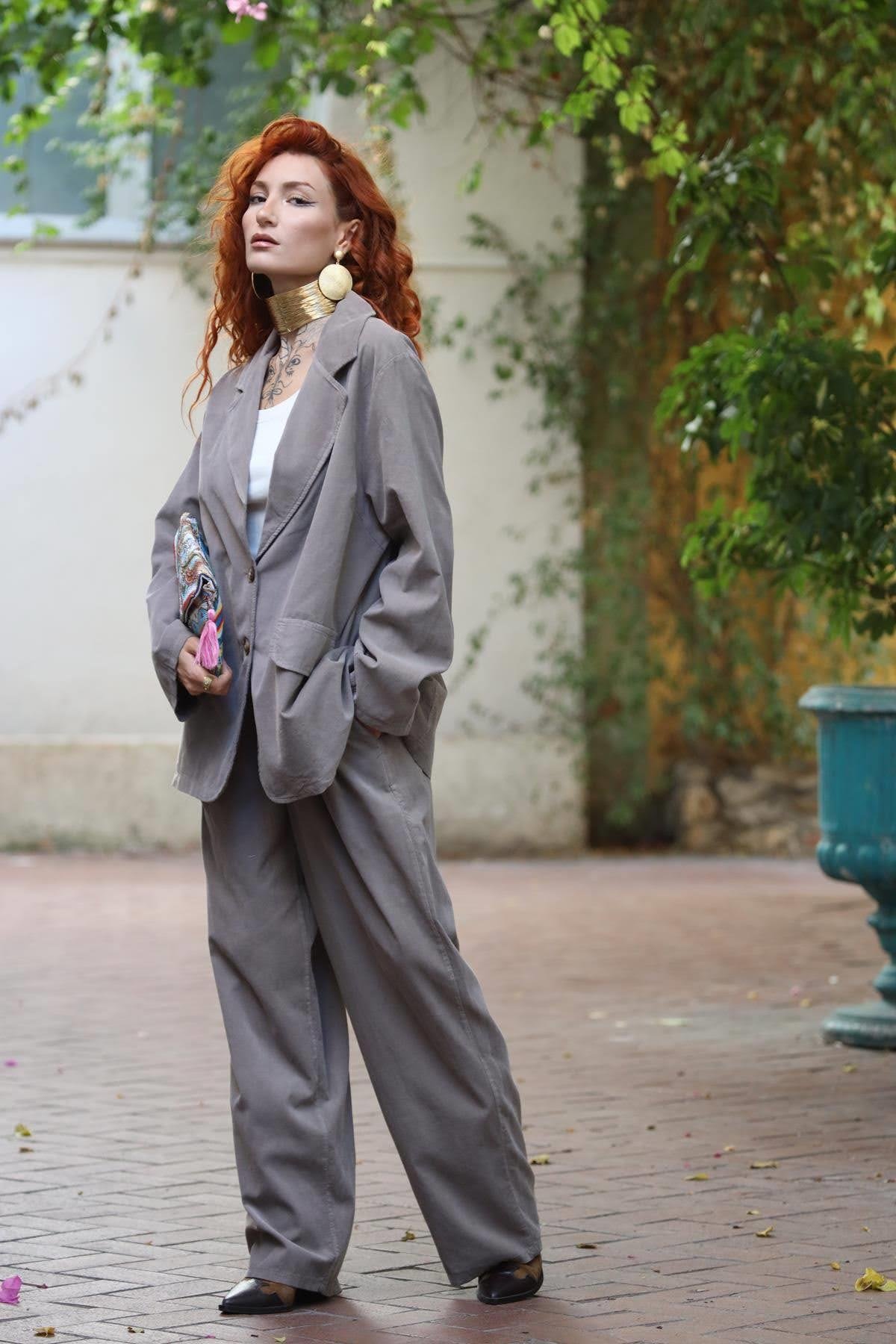 Vizon Rengi Kadife Ceket ve Pantolon Takım