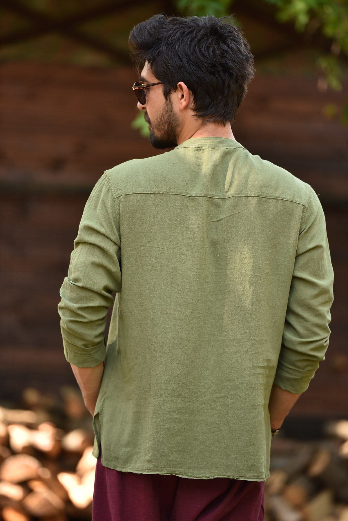 Yeşil Hakim Yaka Nakış Detaylı Pamuk Erkek Gömlek 